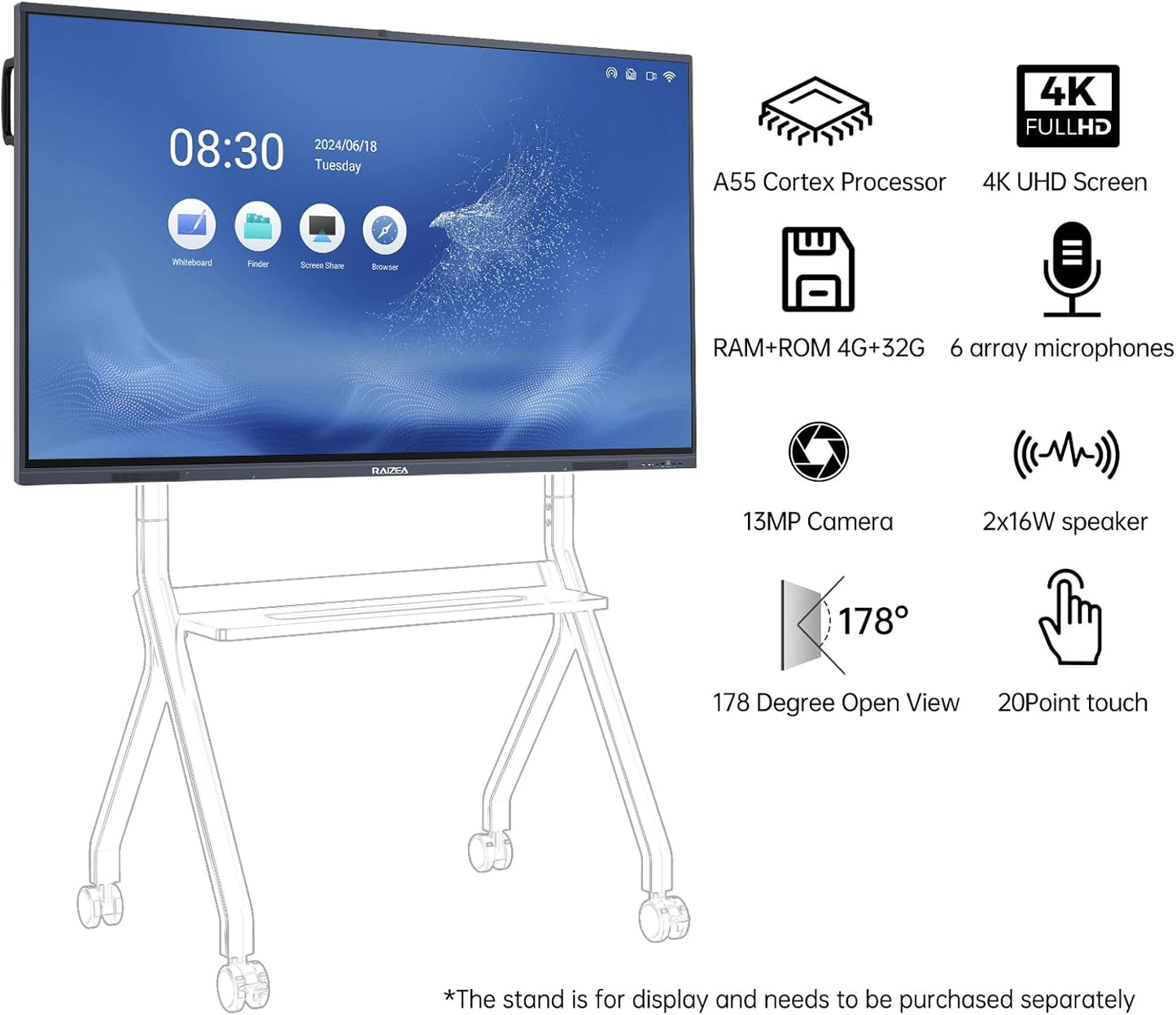 65" Smart Board for Classroom, 4K UHD Interactive Whiteboard Display, 13MP Camera w/6 Mics, Electronic Whiteboard for Business and Education(Board & Wall Mount Included)
