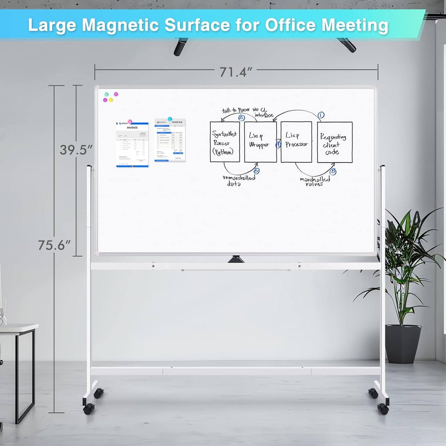 maxtek Rolling Whiteboard 72x40, Large Double-Sided White Board Dry Erase on Wheels, Giant Magnetic White Board Standing for Office, School, Home Office, Homeschool (Sliver)