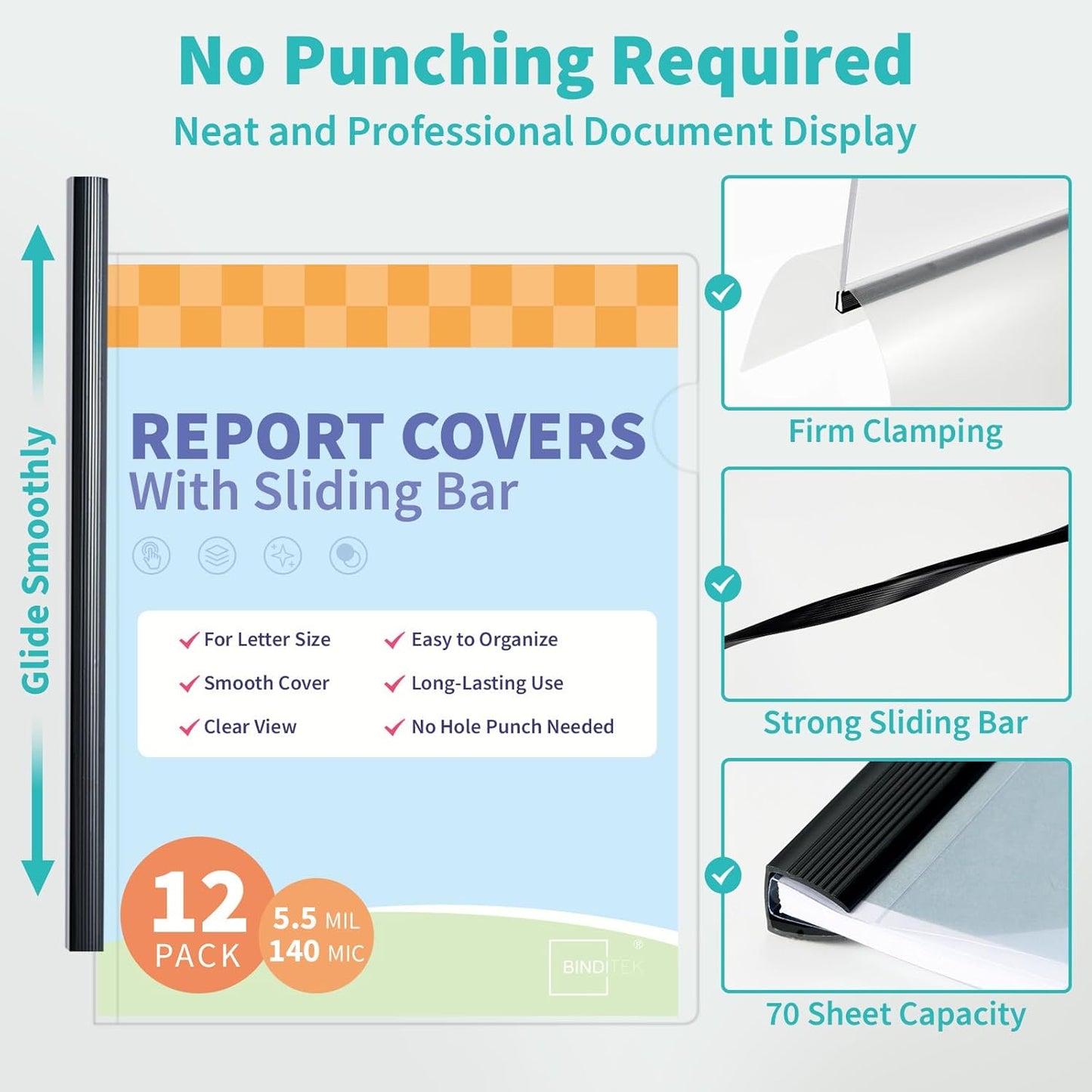 Binditek 12 Pack Clear Report Covers with Sliding Bars, 9mm Sliding Bar File Folder, 70 Sheet Capacity, Letter Size, Multi Color (White, Yellow, Red, Green, Navy, Black), Office Supplies