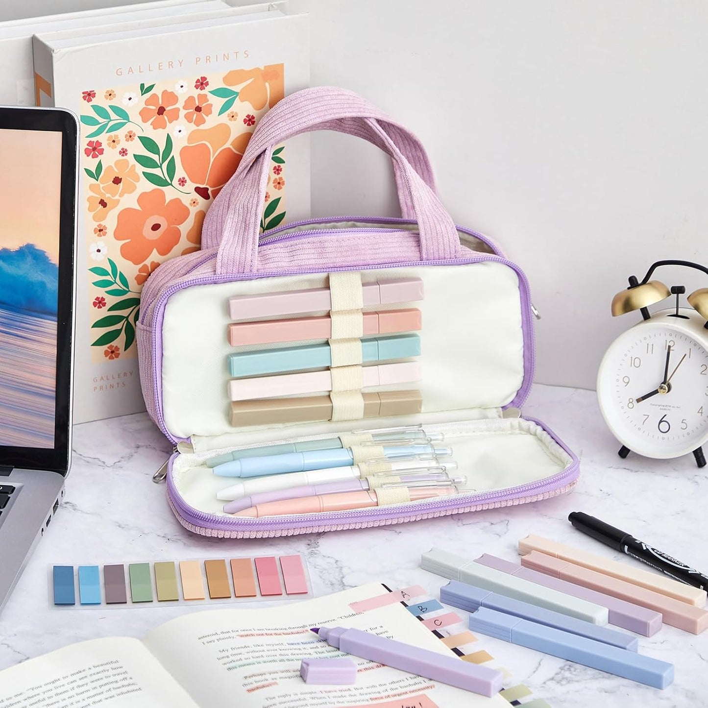 Jutom 39 Pcs Aesthetic Book Annotation Kit Highlighter with Pencil Case Bag Gel Pen Transparent Sticky Note Taking Bible Study College School Supplies(Light Purple,Classic Style)