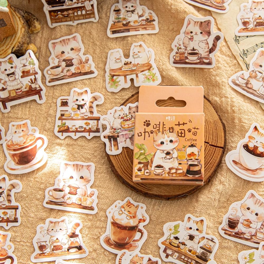 46 Pcs Small Coffee Cat Stickers for Scrapbooking Diary Laptop Junk Journal Notebook Kids Envelope Card Making Diary Planner Craft DIY Craft Decoration, 23 Patterns