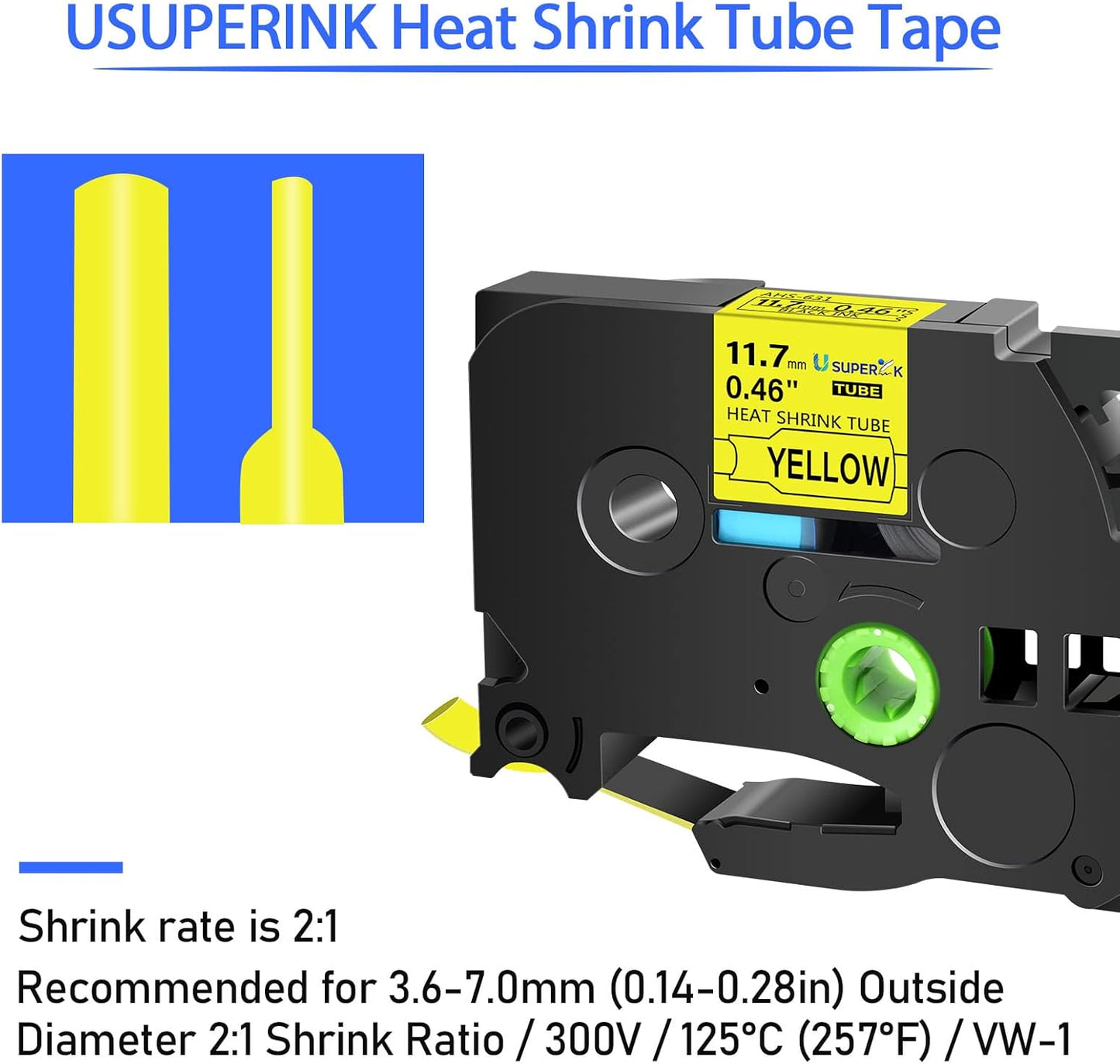 10 Pack Compatible for Ptouch HSe-631 HSe631 HS-631 HS631 Black on Yellow 11.7mm 0.46'' Heat Shrink Tubing Label Tape for Wire Cable use in PT-P710BT P700 P750W P900 Label Printer