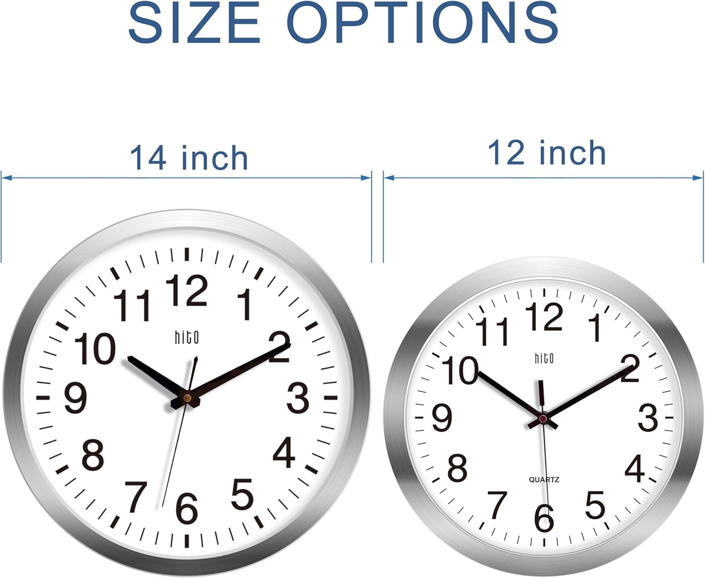 HITO 14" Silent Wall Clock Battery Operated Non Ticking Sweep Movement Glass Cover Silver Aluminum Frame, for Kitchen, Bedroom, Home Office, Living Room Decor