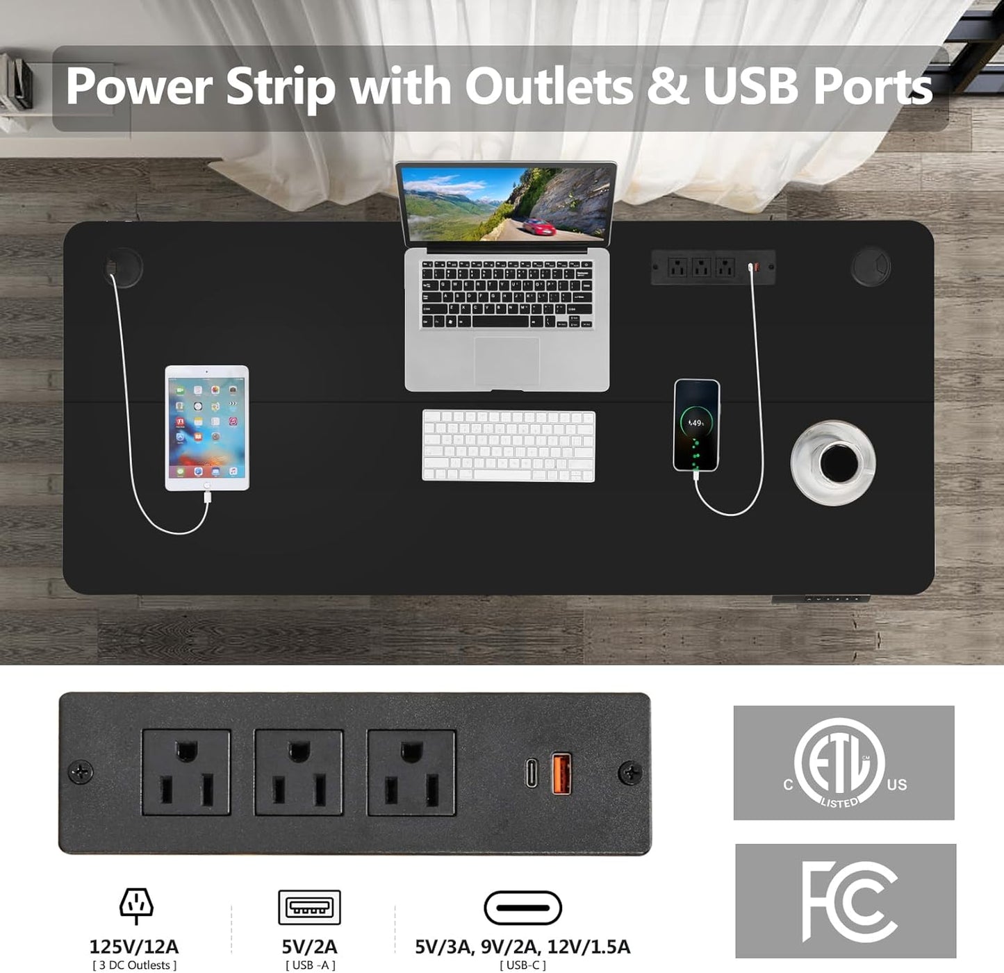 Electric Standing Desk 55 x 24 Inches Adjustable Height Ergonomic Sit Stand Up Desk Curved for Home Office Computer Workstation with 2 USB Ports 3 Power Outlets Memory Preset Wheels, Black