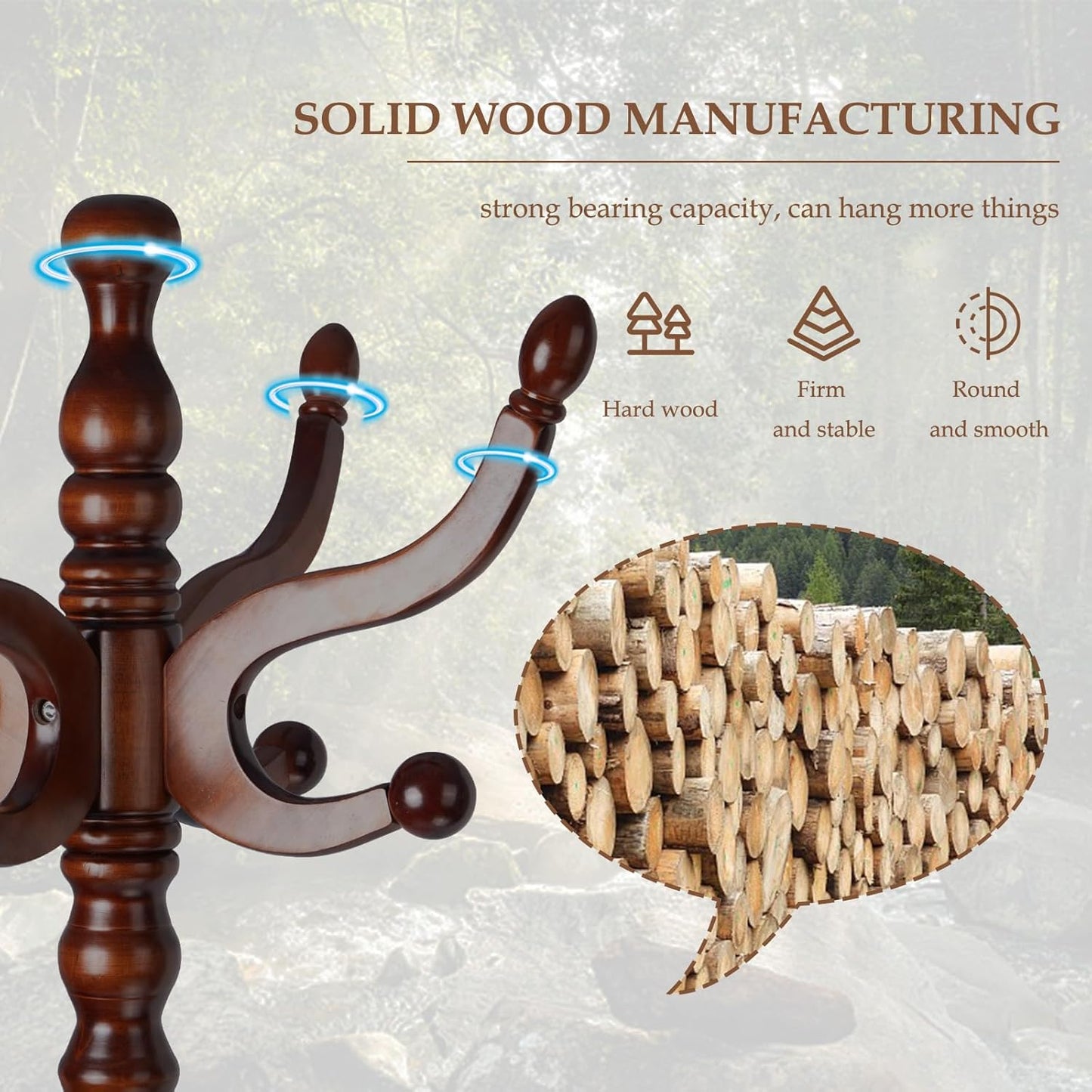 Wood Coat Rack Freestanding, Natural Coats Tree Stand with 14 Hooks, 73" Sturdy and Easy Assembly Coat Rack Stand for Entryway, Hallway, Bedroom, Bags, Hats (Heavy-duty Disc Base, Walnut Color)