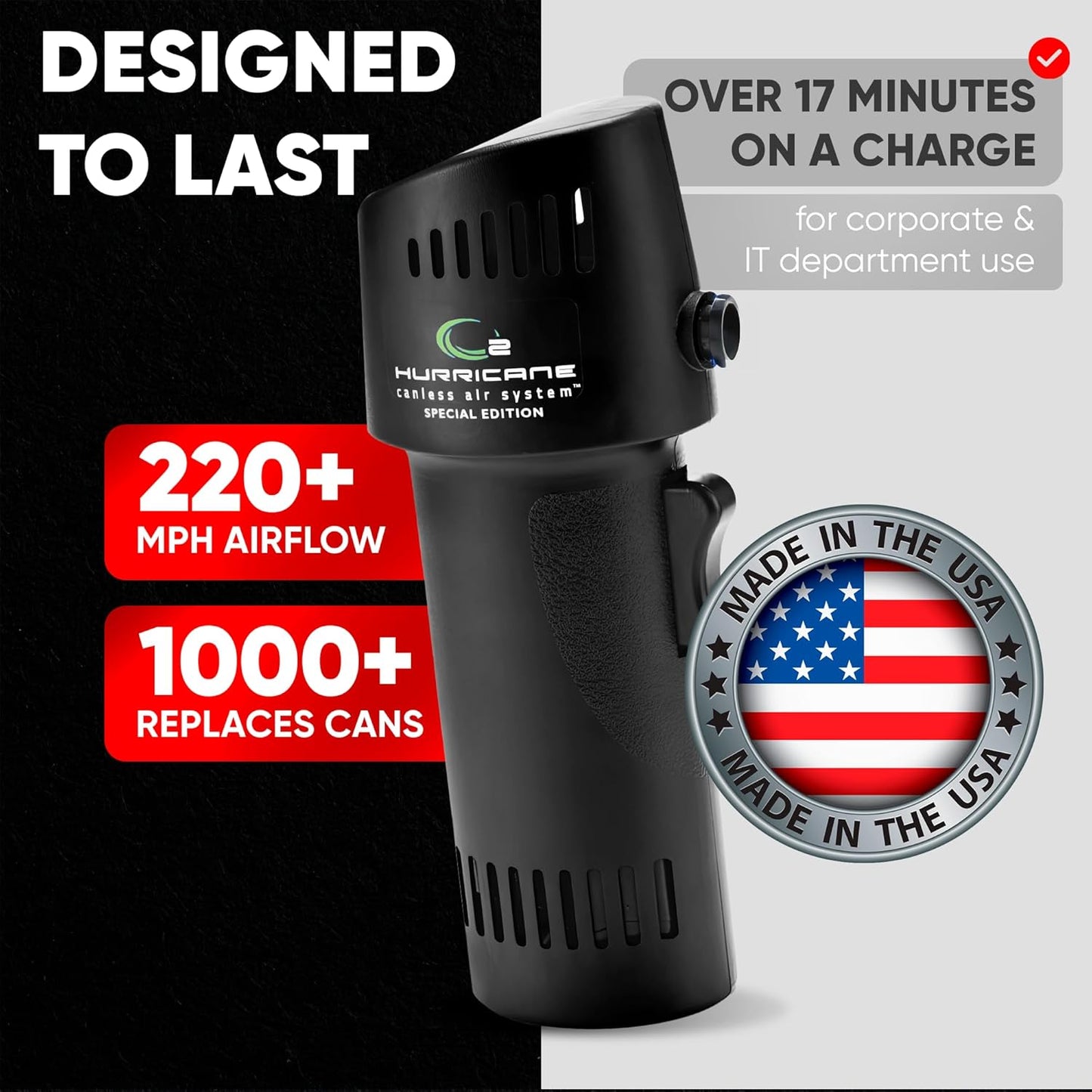 O2 Hurricane ESD-Safe Compressed Air Duster – Powerful Cordless Compressed Air Cleaner for Computer, Keyboard & Electronics. Rechargeable Mini Dust Fan Electric Blower for Car Detailing, Cleaning