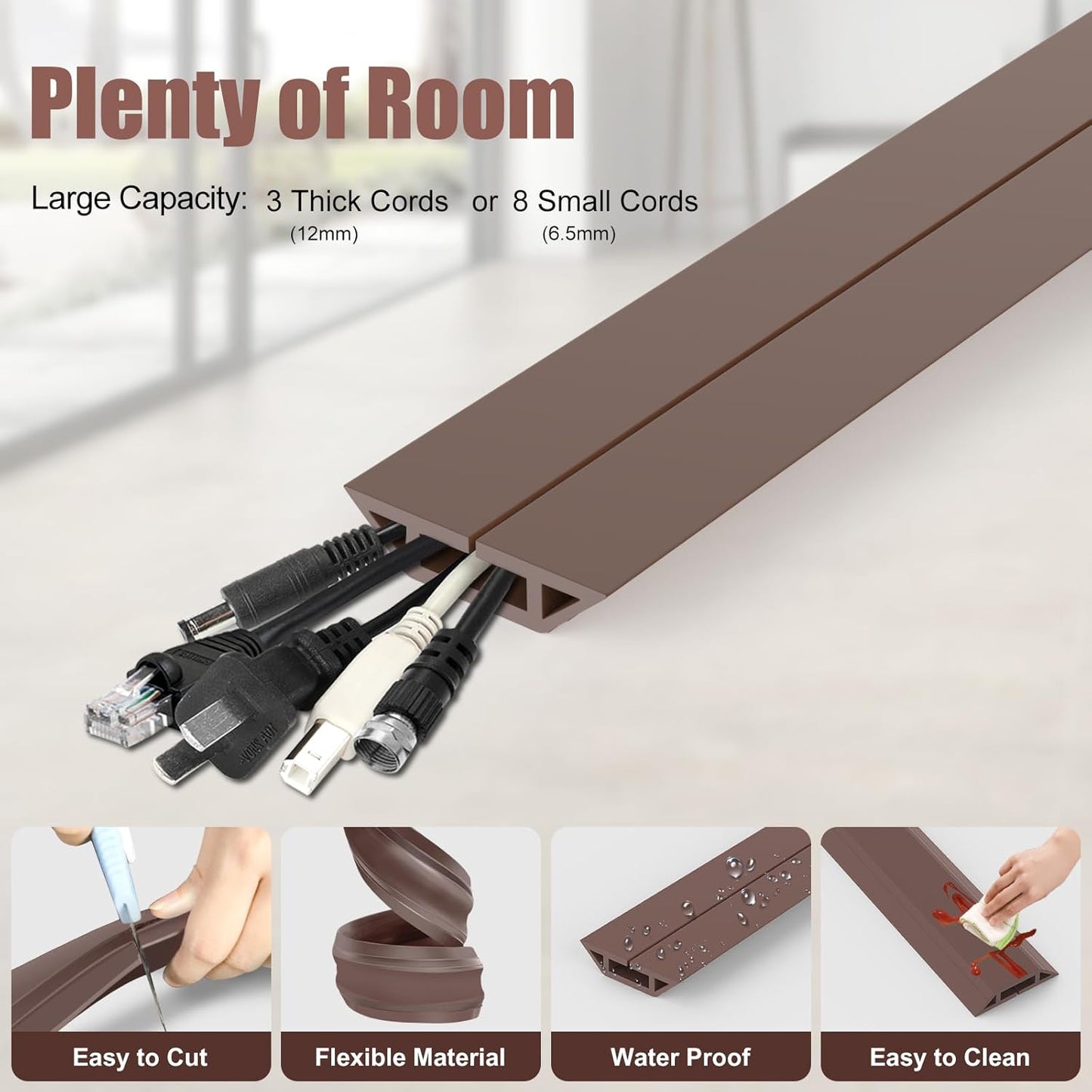 Eapele 4 ft Floor Cord Cover Heavy Duty Cable Protector, Cord Covers for Wires on Floor, Floor Cable Cover Easy to Unroll Prevent Trip Hazard for Home Office or Outdoor Settings (Brown)