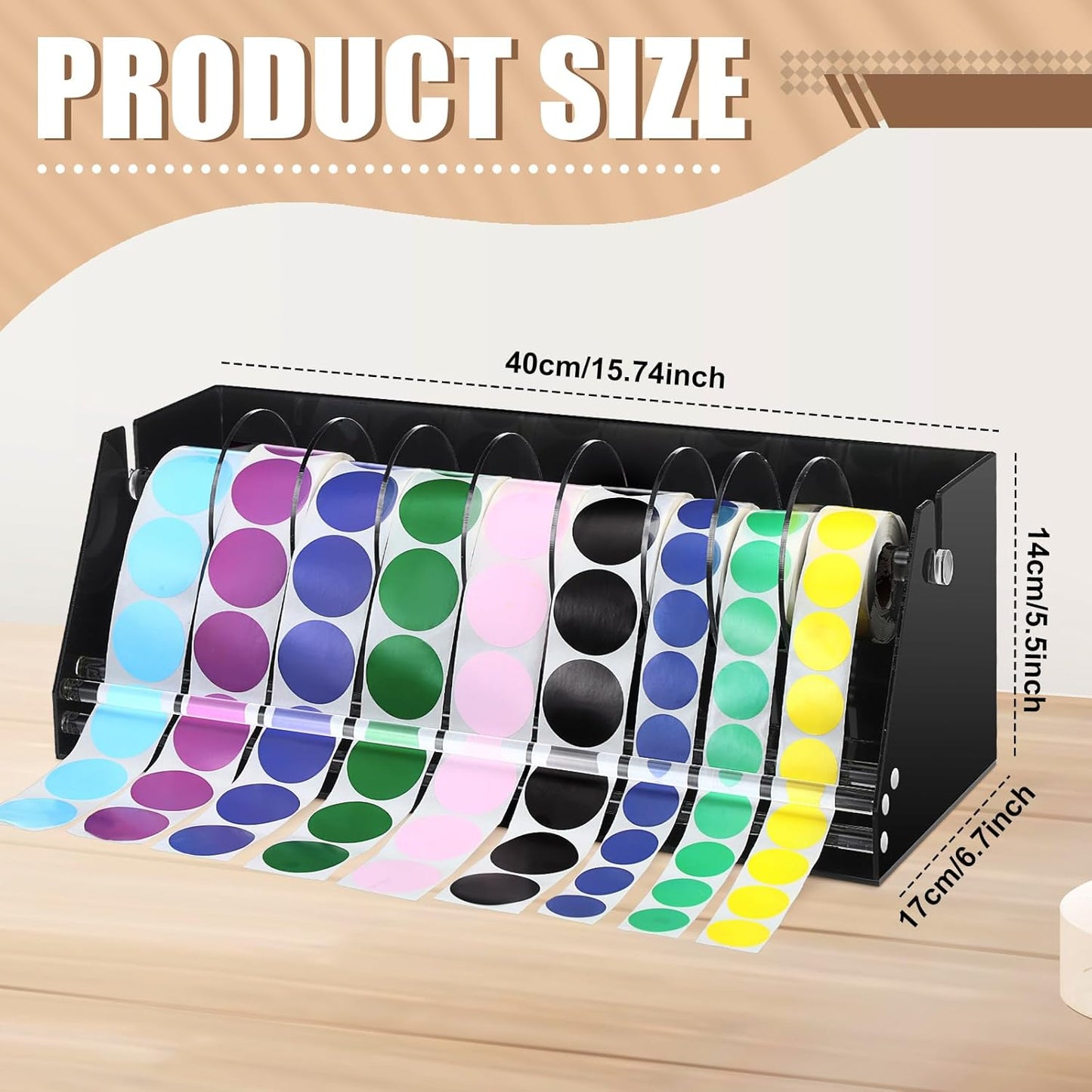 Adjustable Label Dispenser Acrylic Sticker Roll Dispenser Label Roll Holder Multi Use Sticker Holder Organizer Stand for School Gifts and Home Office Desktop(9 Disks)