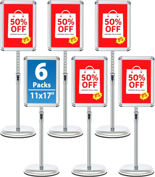 Sign Holder Stand 11x17 Inch - 6Packs Floor Standing Sign Holder - Adjustable Poster Sign Stand Pedestal Sign Holder for Vertical & Horizontal View Signage Stand, Silver