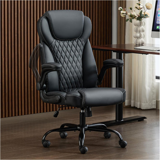 Office Chair, Executive Leather Chair Home Office Desk Chairs, Ergonomic Computer Desk Chair with Adjustable Flip-Up Arms, Lumbar Support Swivel Task Chair with Rocking Function (Black)