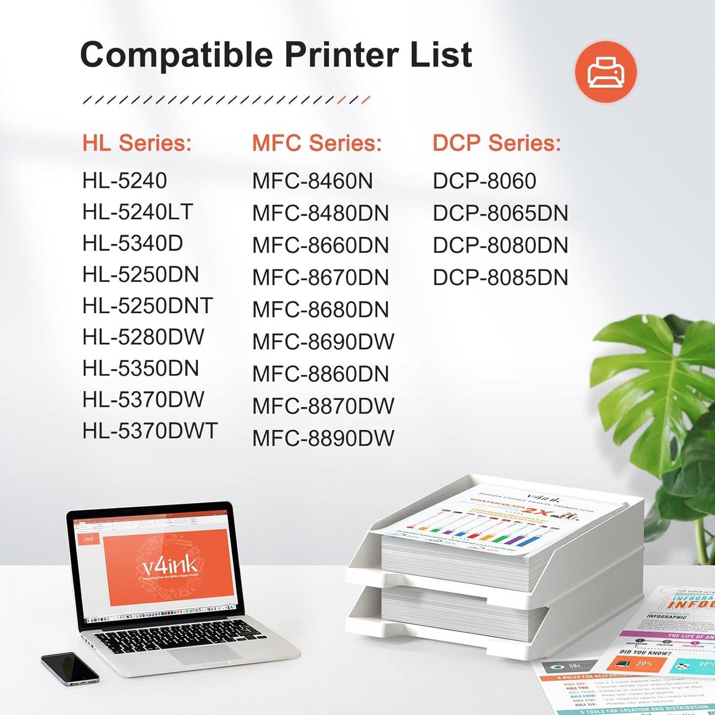 v4ink 2-Pack Compatible Toner Cartridge Replacement for Brother TN580 TN620 TN650 High-Yield Work with HL-5240 HL-5250 HL-5340 HL-5370 MFC-8460 MFC-8480 MFC-8680 MFC-8690 MFC-8860 MFC-8890 Series