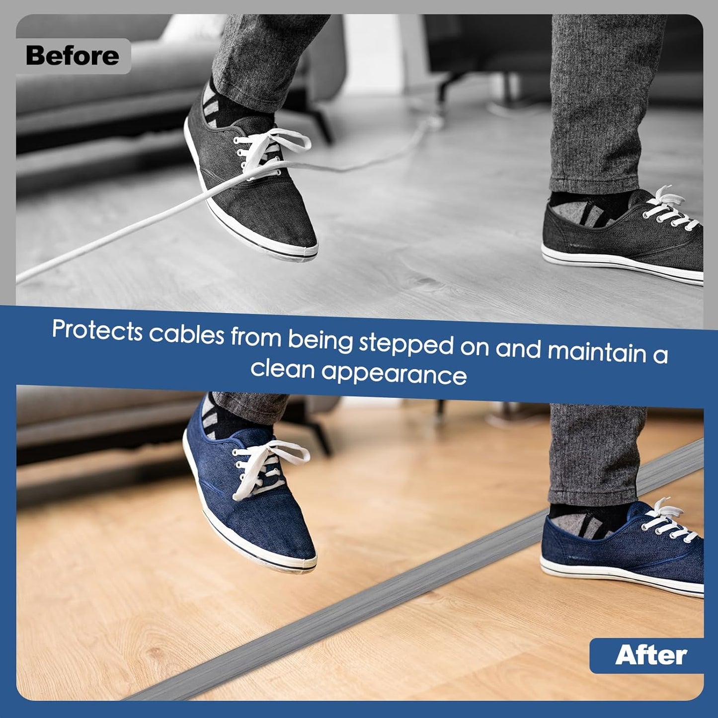 Floor Cord Cover for Wires on Floor Self Adhesive Cord Hider Floor Cable Management Wire Covers for Cords Protector Prevent Cable Trips Cord Cavity W 0.32" x H 0.32", Gray Wood, 3.3Ft