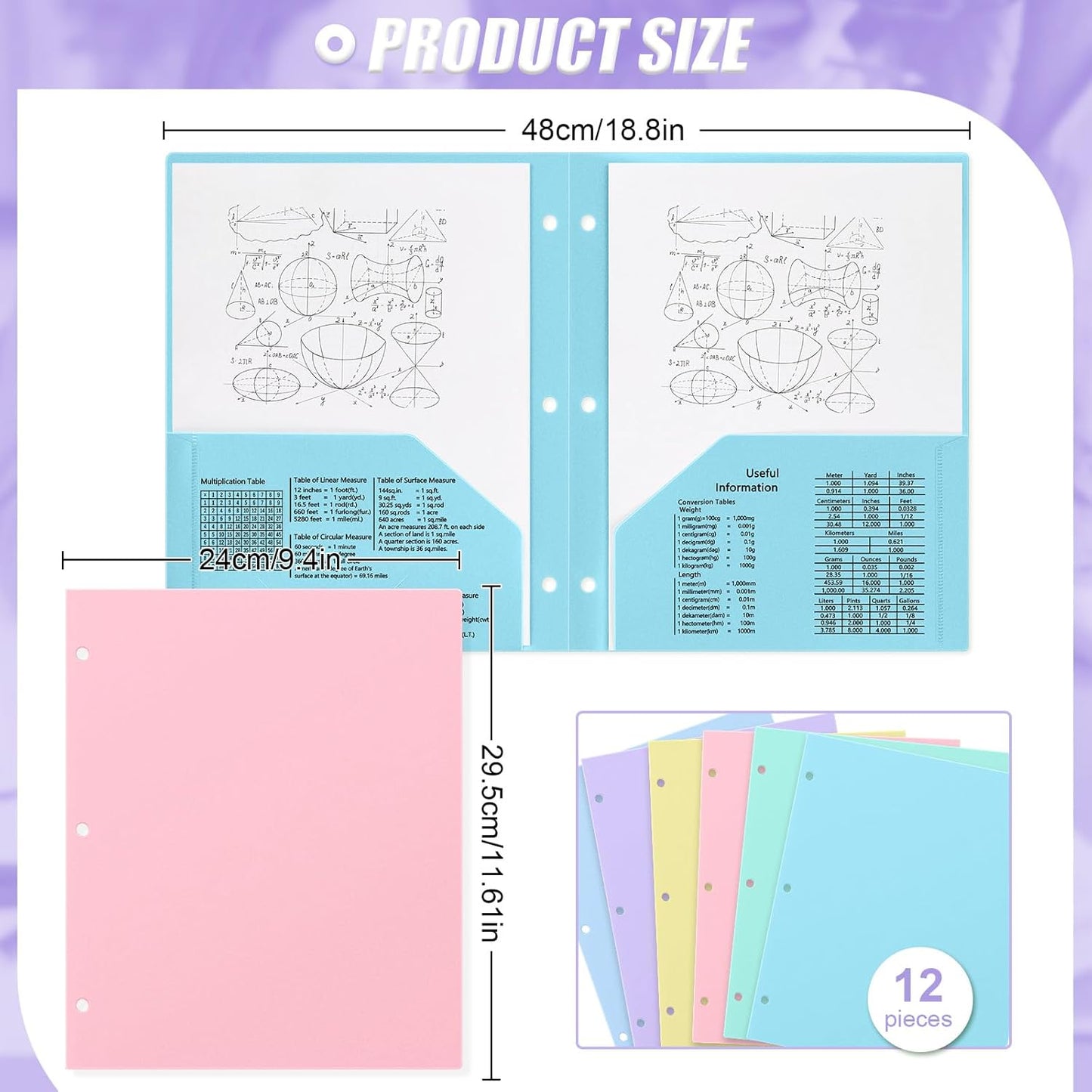 Yeaqee Plastic Folders with Pockets Bulk 3 Hole Punched 2 Pocket File Folders for 3 Ring Binder Divider Folder for Notebooks, Durable Poly for Office Home(Pastel Color)