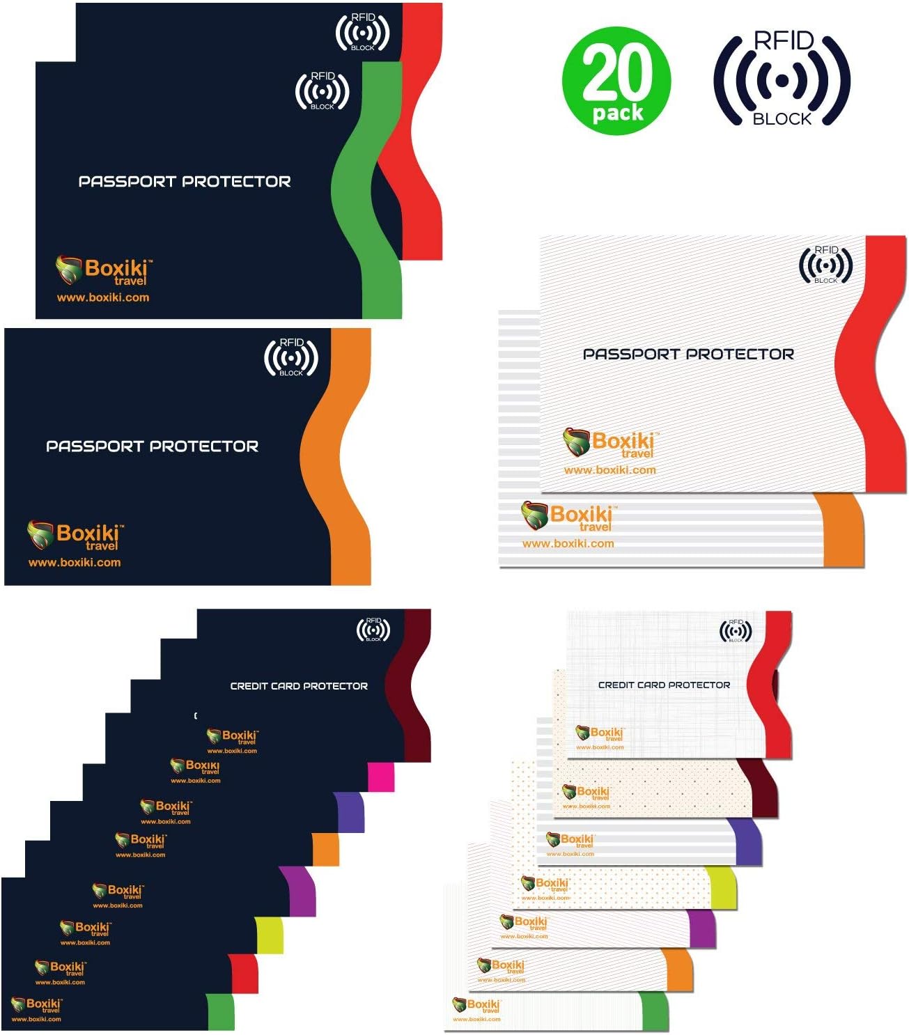 RFID Blocking Sleeves, 20-Pack Set, Color Coding System, Identity Theft Prevention RFID Card Holder And Credit Card Protector (15 Credit Card Sleeves + 5 Passport Holders) (Navy Blue)