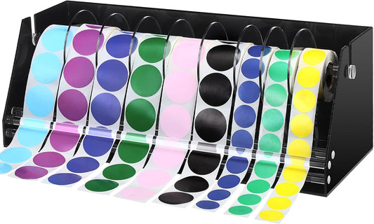 Adjustable Label Dispenser Acrylic Sticker Roll Dispenser Label Roll Holder Multi Use Sticker Holder Organizer Stand for School Gifts and Home Office Desktop(9 Disks)
