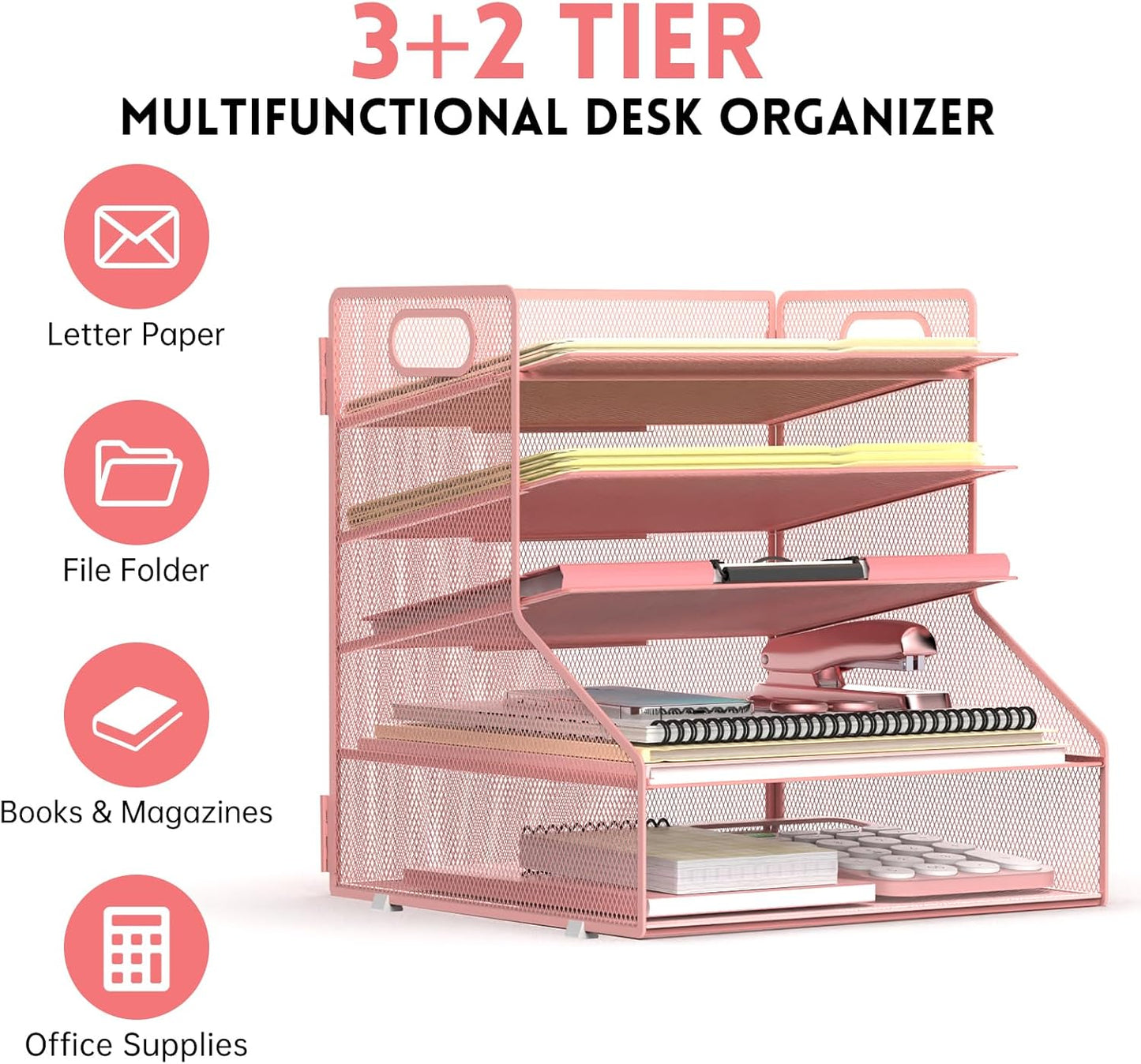 SUPEASY 5-Tier Desk File Organizer, Metal Letter Paper Tray, Desk Organizers and Accessories for Home Office Supplies, Pink