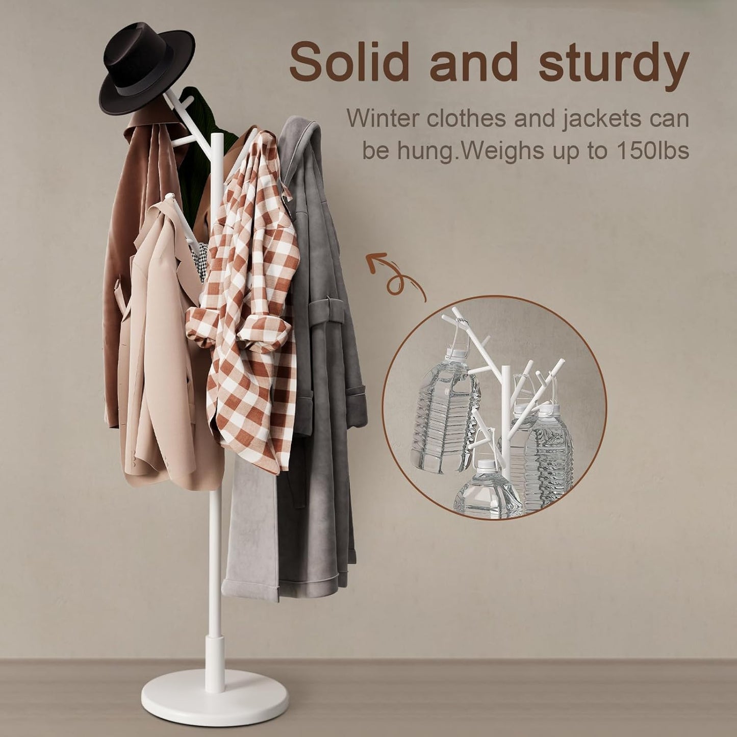 Coat Rack, Solid Wood Coat Rack Freestanding with 12 Hooks, Coat tree freestanding 3 Adjustable Heights for coat, Hats, Handbags，Coat Stand for Entryway,Bedroom (White)