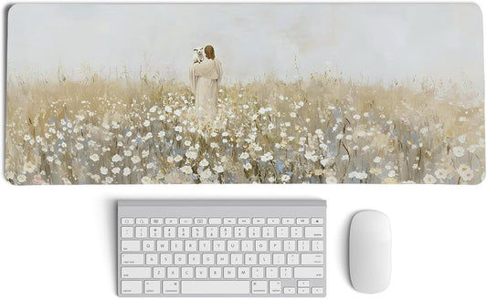 Christian Themed Mouse Pad,Jesus Religious Mouse Pad,Large Vintage Easter Decor Desk Mat,Jesus Find The Lost Lamb,White Floral Desk Mat,Religious Gifts Christian Gifts for Women,31.5x11.8