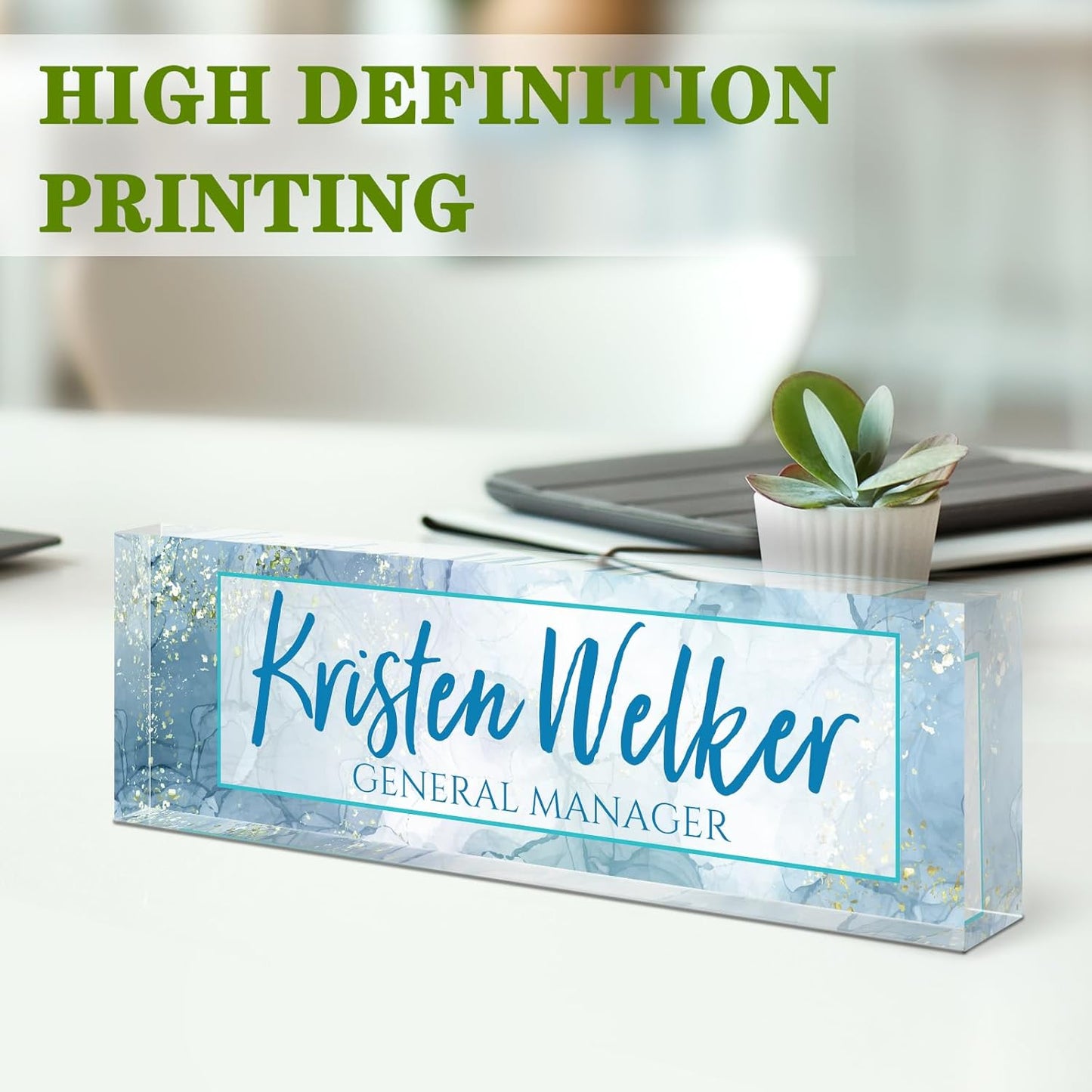 Name Plate for Desk, Desk Name Plate Personalized, Office Decor for Women Men, Acrylic Desktop Accessories, Office Appreciation Gifts for Boss Social Workers Nurse Teacher Employee (Blue Marble)