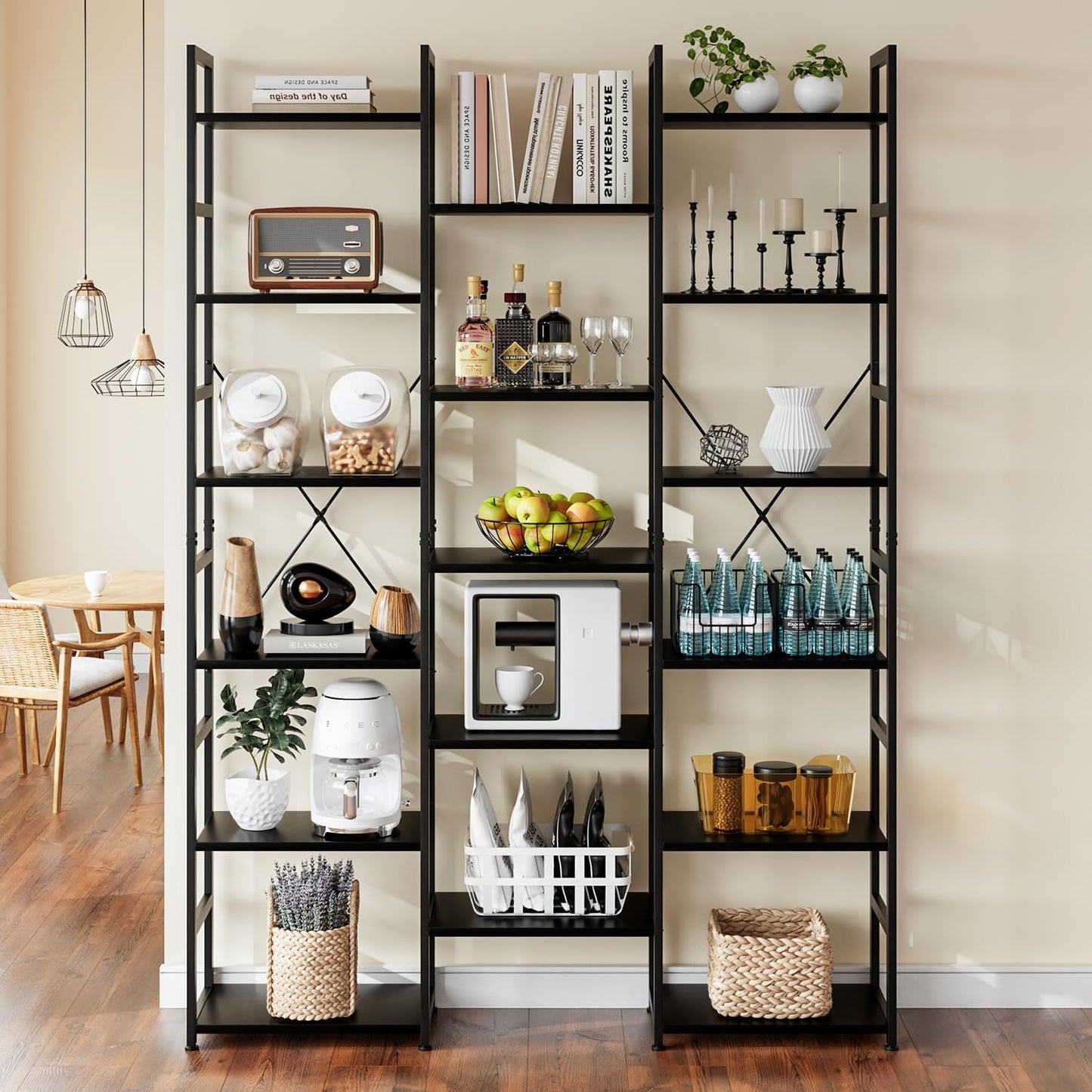 NUMENN Triple Column 6 Tier Bookshelf, Bookcase with 17 Open Display Shelves, Adjustable Rustic Industrial Style Book Shelves, Modern Bookshelves for Bedroom, Living Room and Home Office, Black