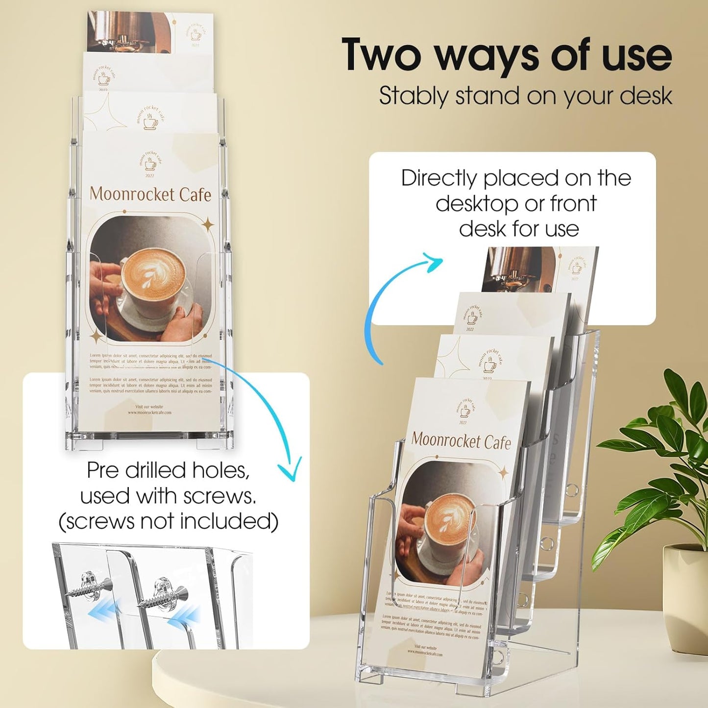 MaxGear Acrylic Brochure Holder, 4 Inch Wide 4 Tier Clear Literature Display Stand Premium Plastic Pamphlet Holder, Multi Pocket Wall Mount or Countertop Organizer for Office or Home, 3 Pack