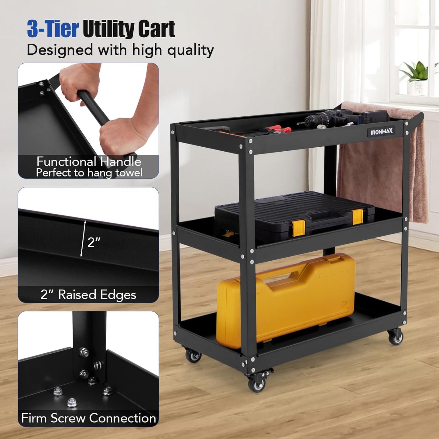Goplus 3-Tier Utility Cart, Heavy Duty Commercial Service Tool Cart w/3 Spacious Shelves, 4 Universal Wheels with 2 Brakes, Rolling Mechanic Tool Cart Storage Organizer for Warehouse Garage