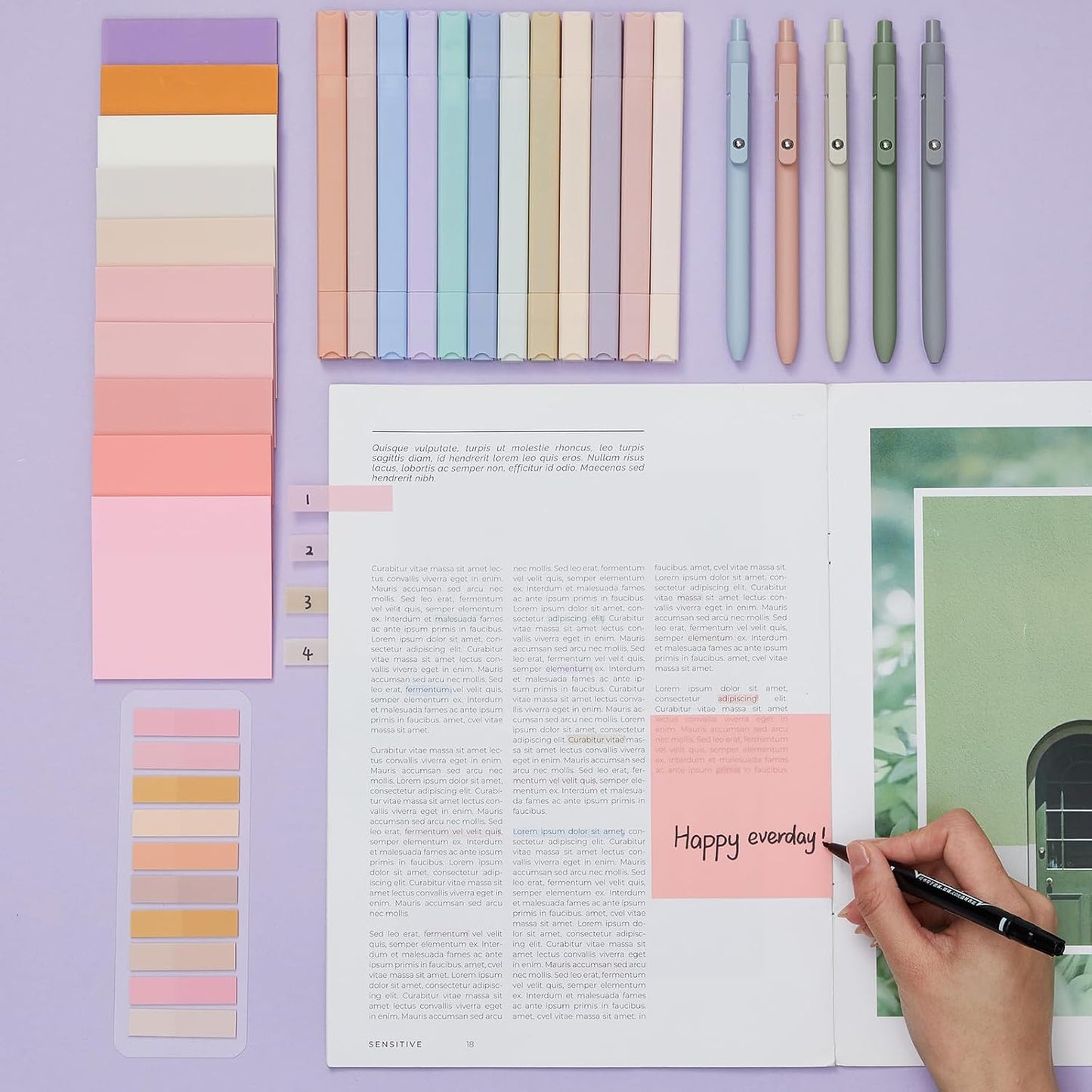 Jutom 38 Pcs Book Annotation Kit Aesthetic Highlighters Gel Pens Set Sticky Notes Tabs Markers Dual Ended Highlighter Quick Dry Ink Pens for Office Annotating Books(Pink Series,Square)