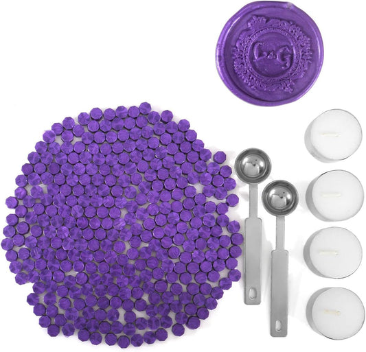 Purple Sealing Wax Beads, Yoption 300 Pieces Octagon Wax Seal Beads Kit with 2 Melting Spoon and 4 Candles for Seal Stamp (Purple)