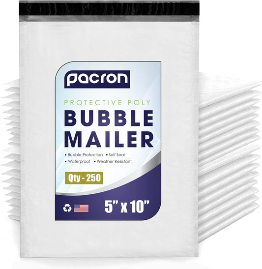 250-Pack Waterproof Poly Bubble Mailers 5 x 10 - Thick, Durable, Instant Seal Envelopes with Strong Adhesive - Protective Shipping Mailers for Jewelry, Cosmetics, SD Cards, USB Cables