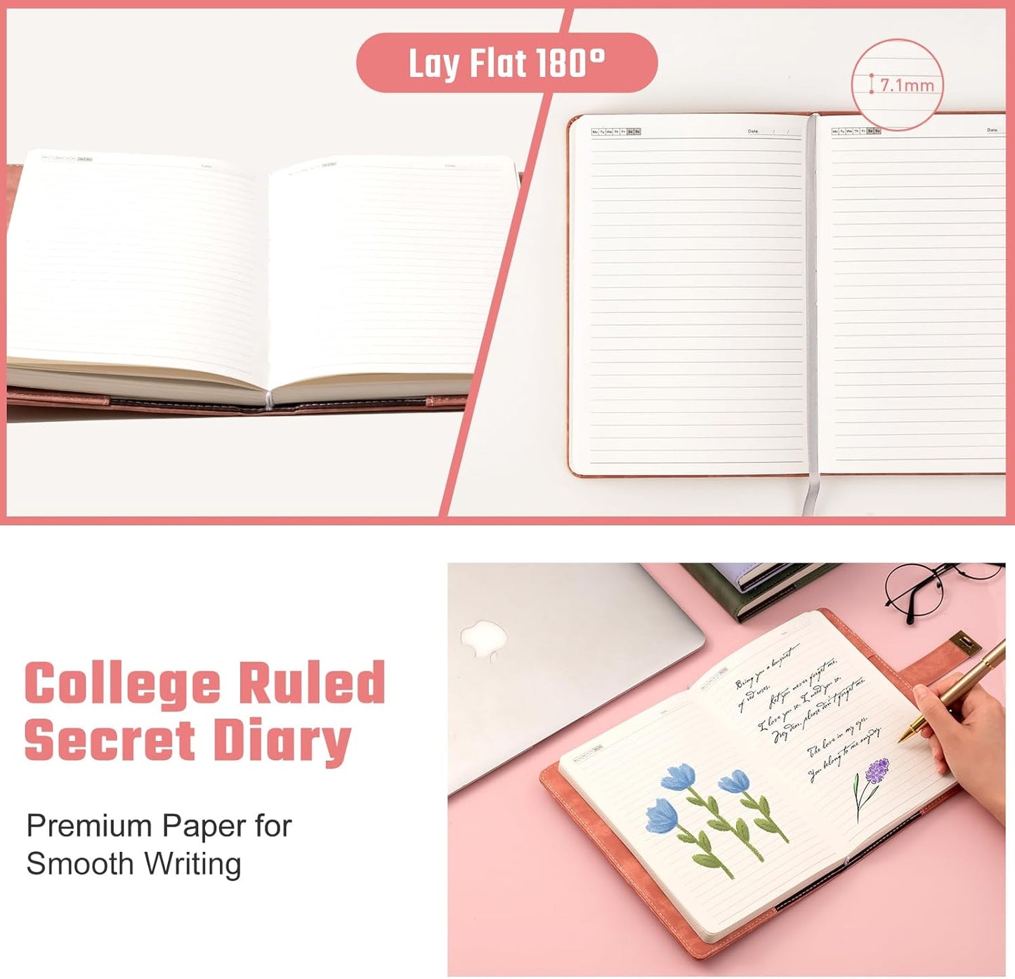 Lock Diary for Women Diary with Lock for Girls A5 Leather Locked Journal 260 Pages 100 GSM Refillable Journal with Lock for Teens Secrets Flower Journals with Combination Passwords, 5.7"x8.3", Pink