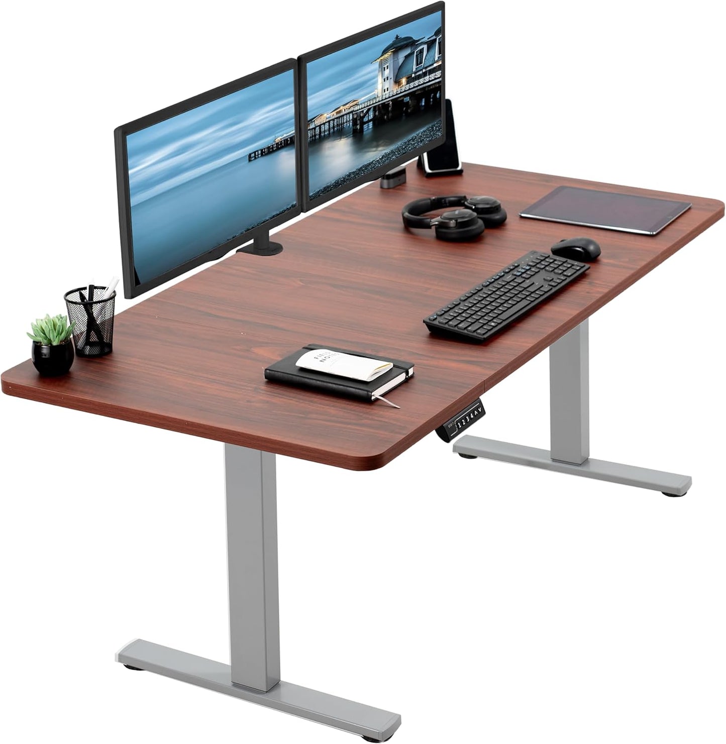 VIVO Electric 60 x 30 in Standing Desk, Memory Height Adjustment, 1B Series, Dark Walnut Top Gray Frame, DESK-KIT-1G6D-30