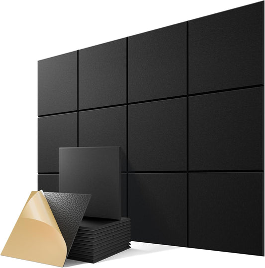 12 Pack Self-Adhesive Acoustic Panels, 12" X 12" X 0.4" High-Density Polyester Sound Proof Foam Panels for Walls, Soundproof Wall Panels for Home & Office (Black)