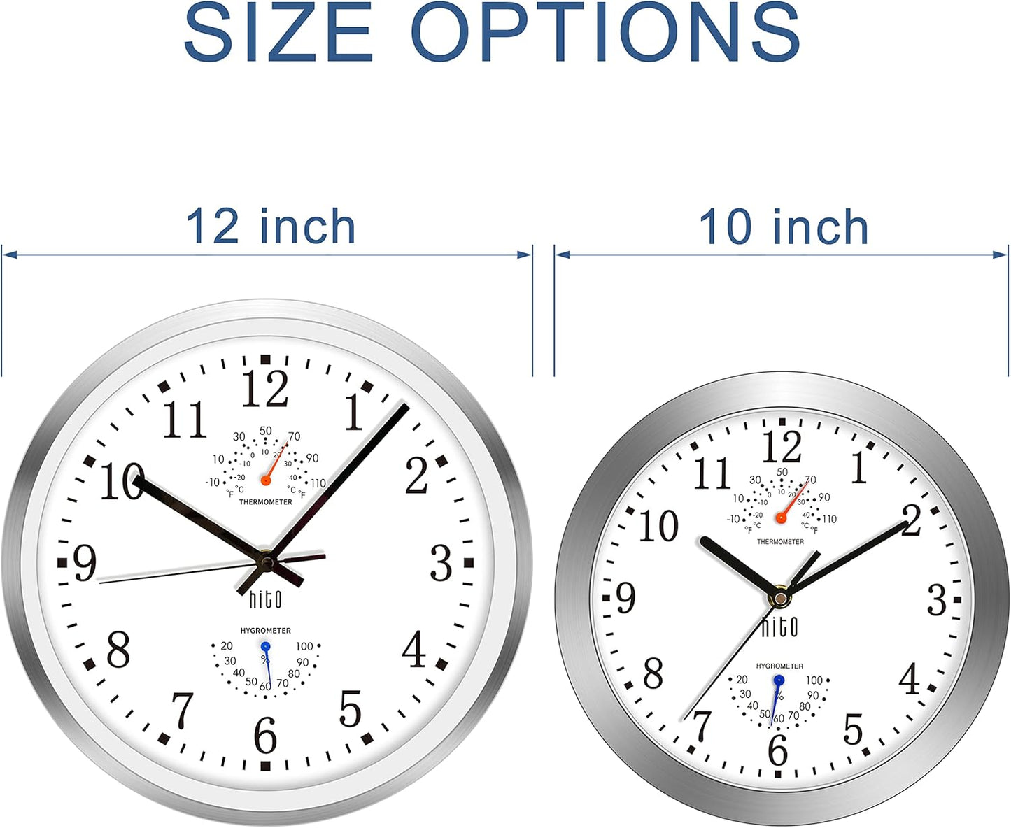 HITO 12 Inch Silent Wall Clock Battery Operated Non Ticking Glass Cover Silver Aluminum Frame, for Living Room Decor, Kitchen, Bedroom, Home Office (12" White)