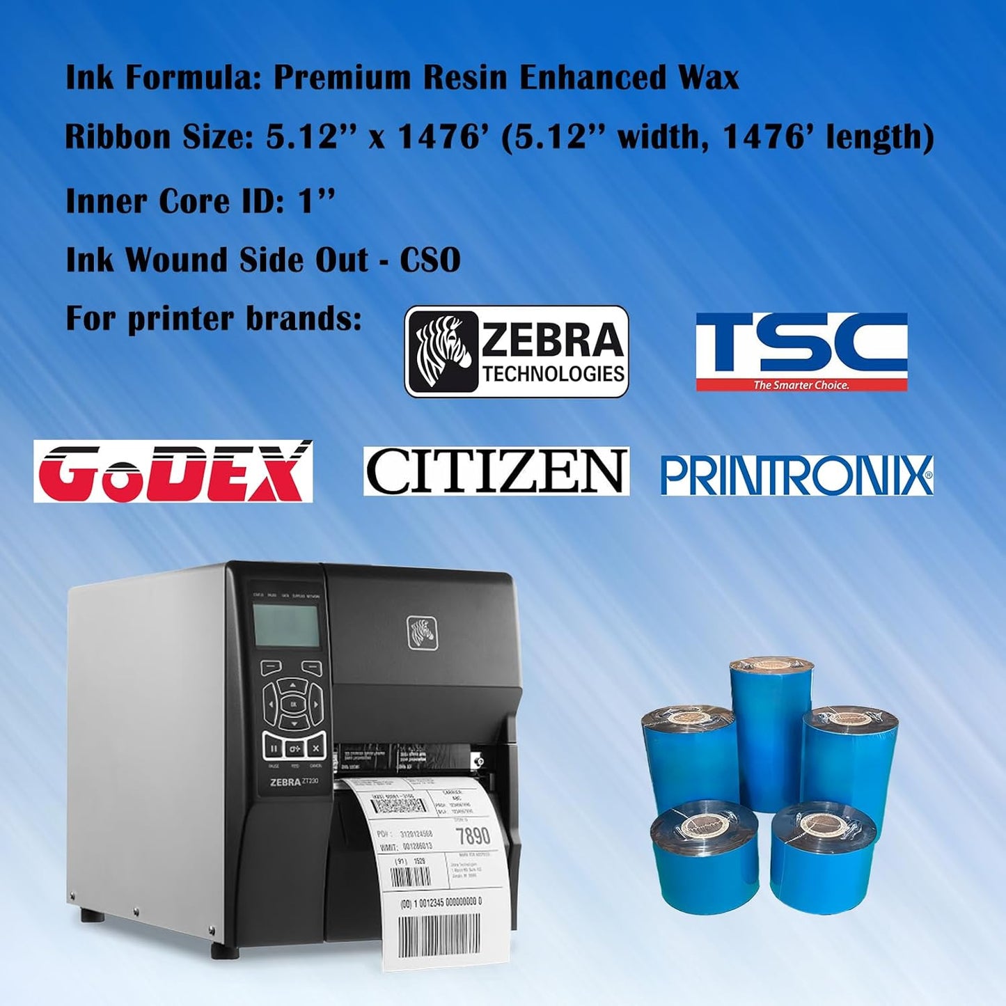 6 Rolls 5.12'' x 1476' Premium Resin Enhanced Wax Ribbon, 130mm x 450m Black Thermal Transfer Ribbon, Barcode Thermal Label Printer Ribbon, CSO-Ink Outside, 1'' Core for Zebra, TSC, GoDex, Citizen