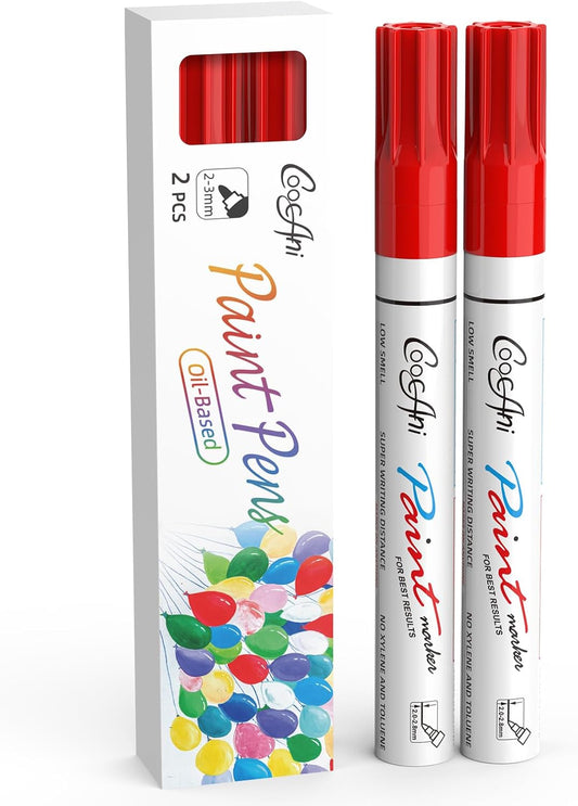 Red Paint Marker Pens, 2 Pack Single Color Oil Based Permanent Paint Markers for Rock Painting, Wood, Plastic, Glass, Ceramic, Metal, Canvas, Mugs (Red,2 Pack)