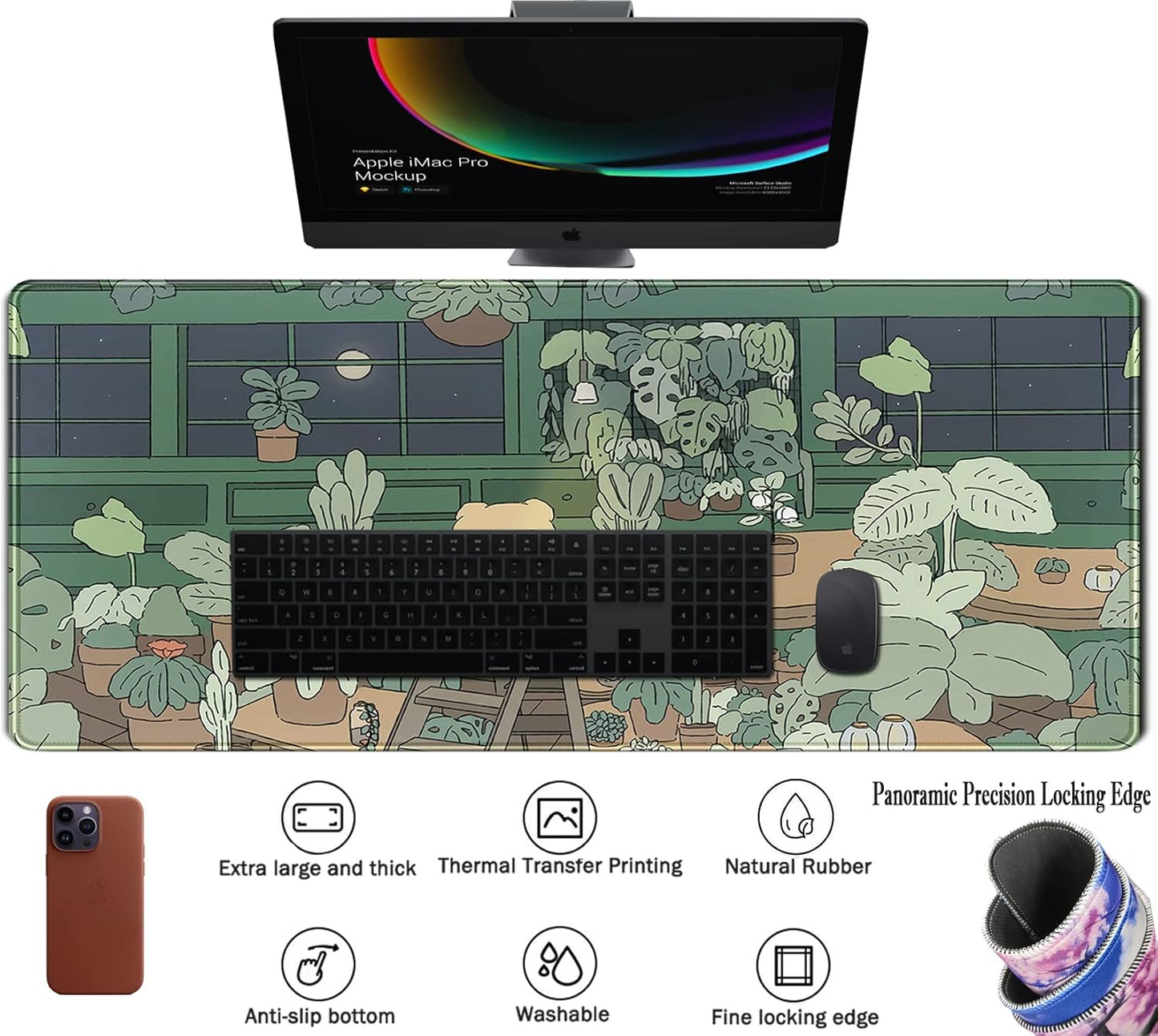 Kawaii Bear XL Gaming Mouse Pad & Desk Mat - 31.5x11.8 in, Aesthetic Brown & Green Forest Keyboard Pad