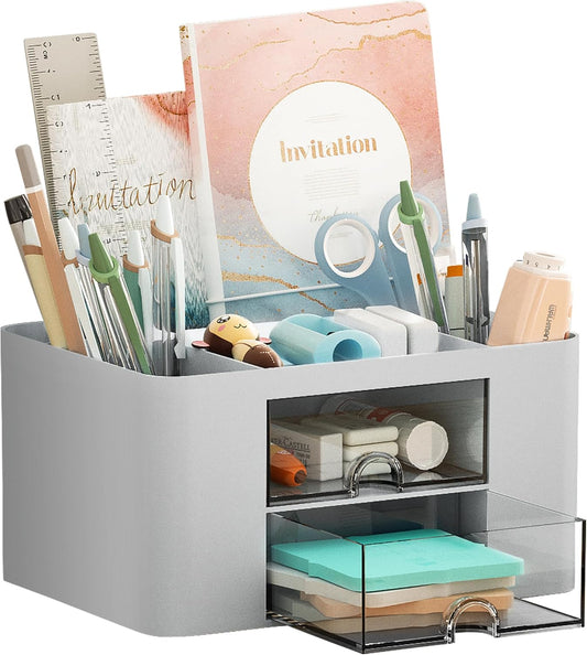 Marbrasse Pen Organizer with 2 Drawer, Multi-Functional Pencil Holder for Desk, Desk Organizers and Accessories with 5 Compartments + Drawer for Office Art Supplies (Grey)