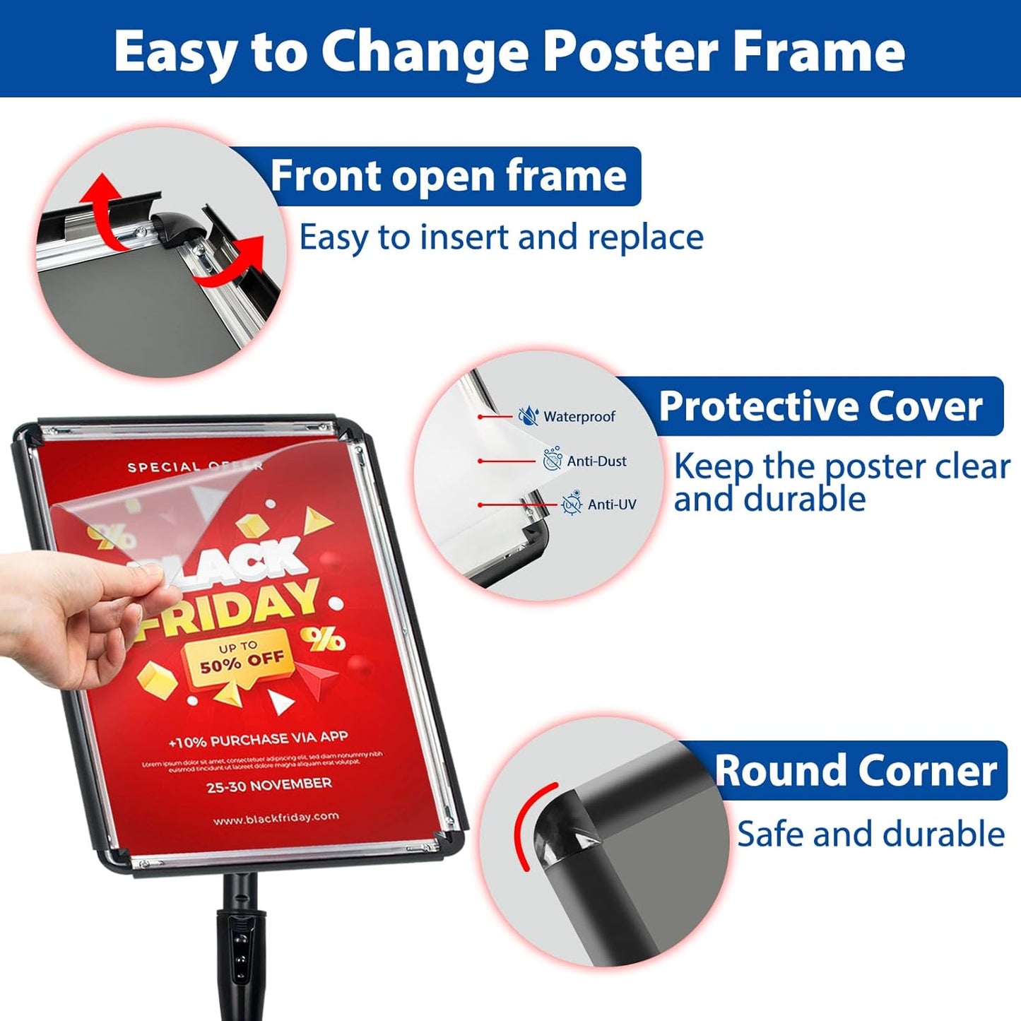 2-Pack 11x17 Inch Adjustable Sign Stand & Floor Standing Sign Holder - Pedestal Poster Stand with Vertical & Horizontal View Display for Indoor/Outdoor Business & Store Signage (Black)