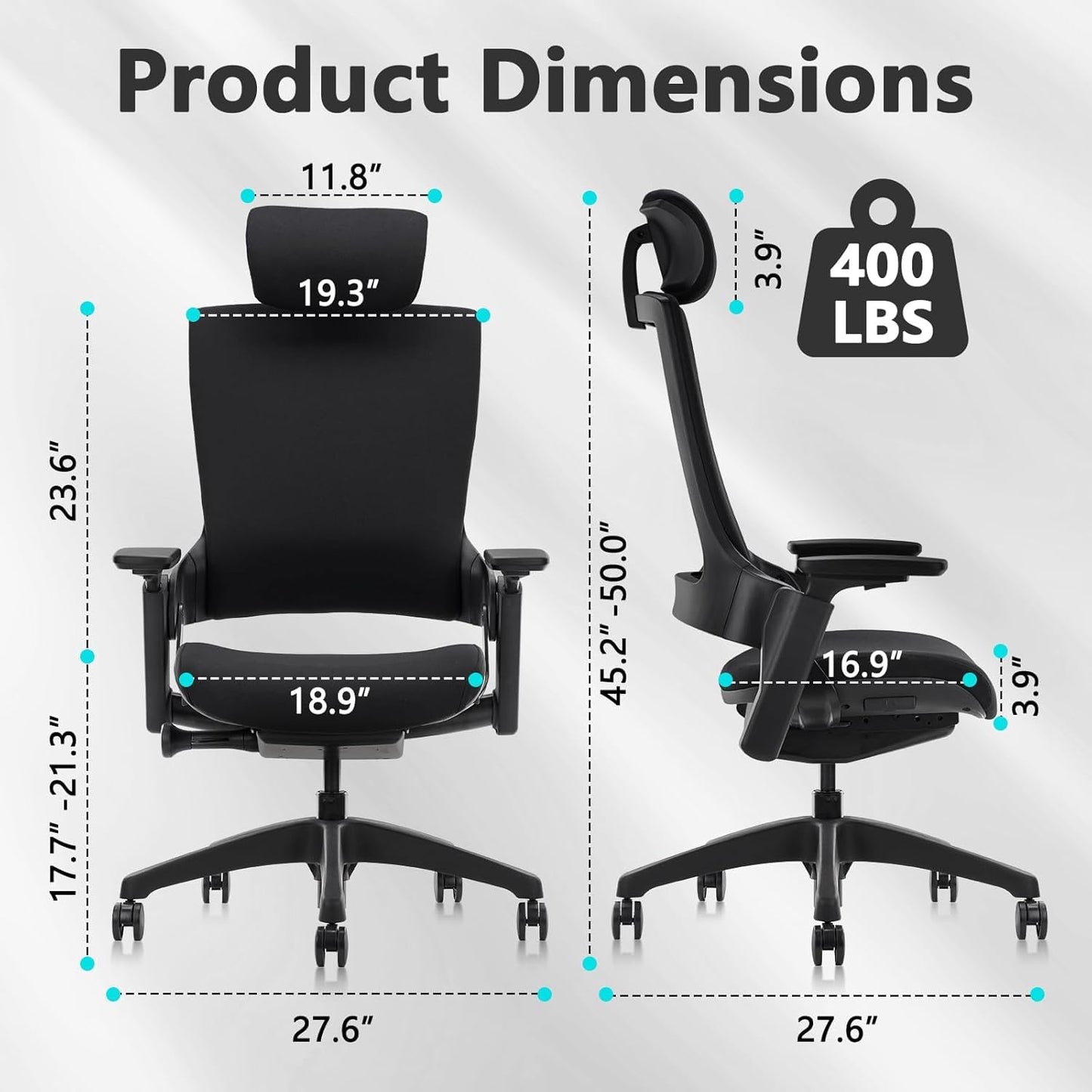 CLATINA Ergonomic High Swivel Executive Chair with Adjustable Height Head 3D Arm Rest Lumbar Support and Upholstered Back for Home Office Studio, Black Fabric, 2 Pack