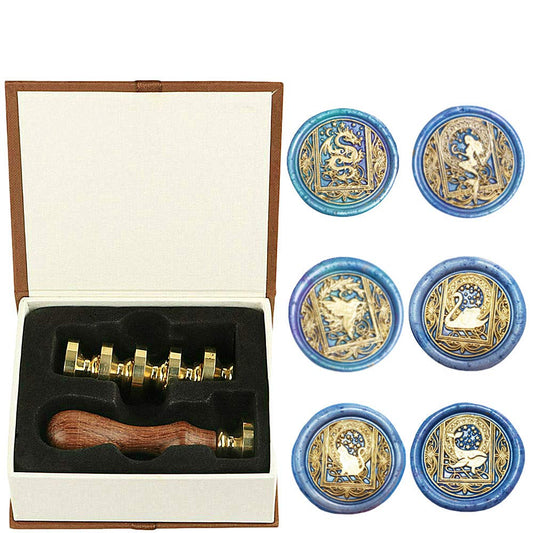 Wax Seal Stamp kit, ANBOSE Starry Animal Wax Seal Stamp Set with 6 PCS Removable Brass Heads and 1 Wooden Handle, Retro Vintage Dragon Mermaid Swan Hummingbird Cat Whale Sealing Wax Stamp for Craft
