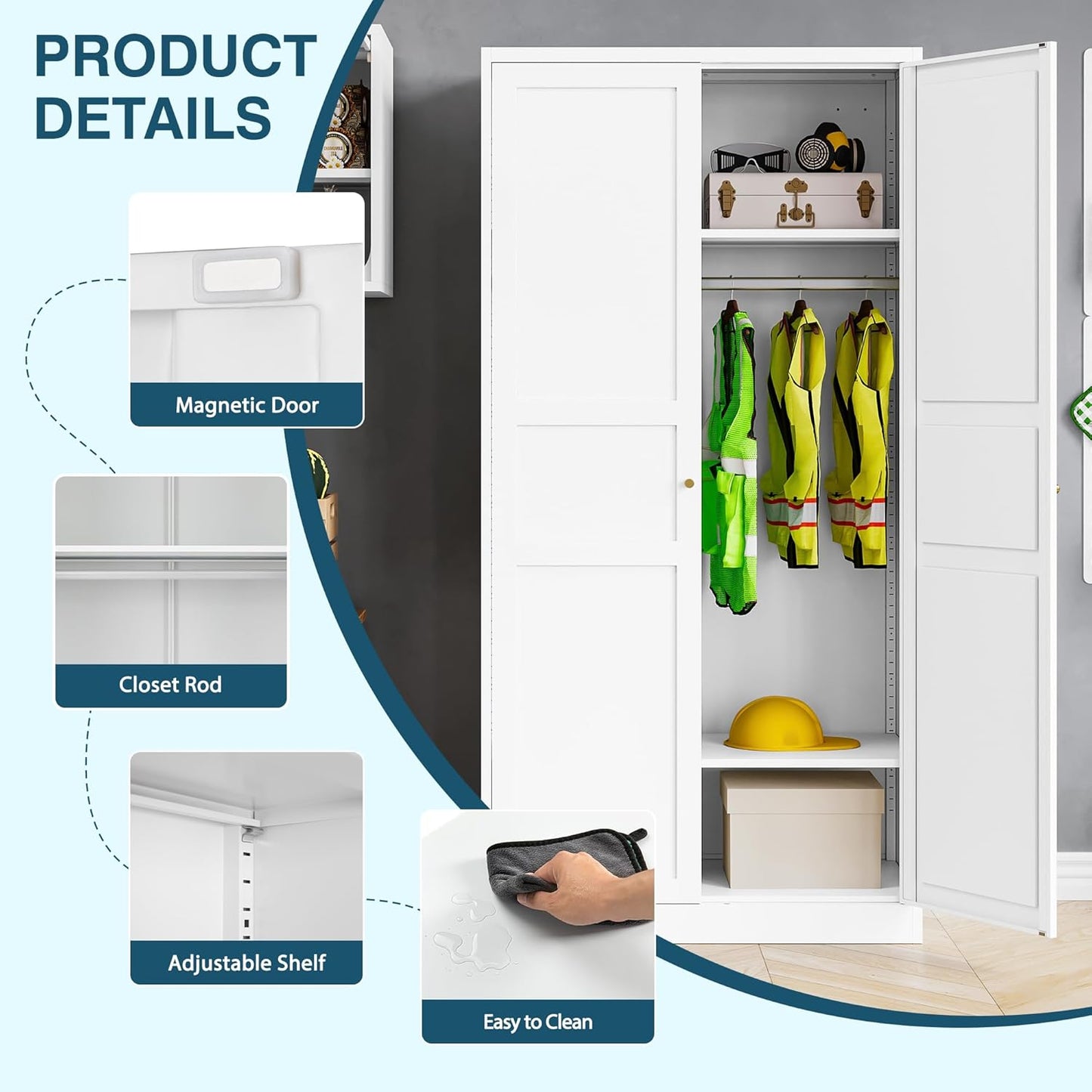 MIIIKO Wardrobe Closet with 2 Doors, 72" Metal Clothing Storage Cabinets with Hanging Rod, Bedroom Armoires Laundry Room and Office Clothes Storage Organizer Cabinets