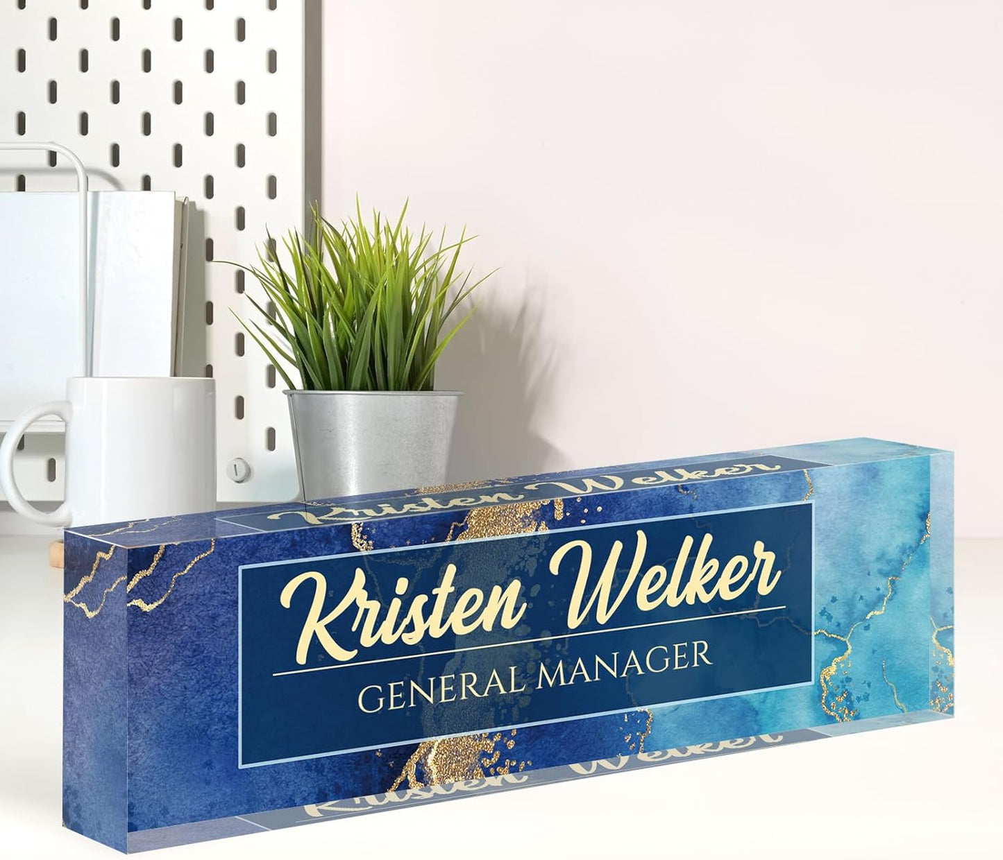 Name Plate for Desk, Desk Name Plate Personalized, Blue Office Decor for Women Men, Acrylic Desktop Accessories, Office Gifts for Boss Nurse Teacher Coworker, Employee Appreciation Gift (Blue Coast)