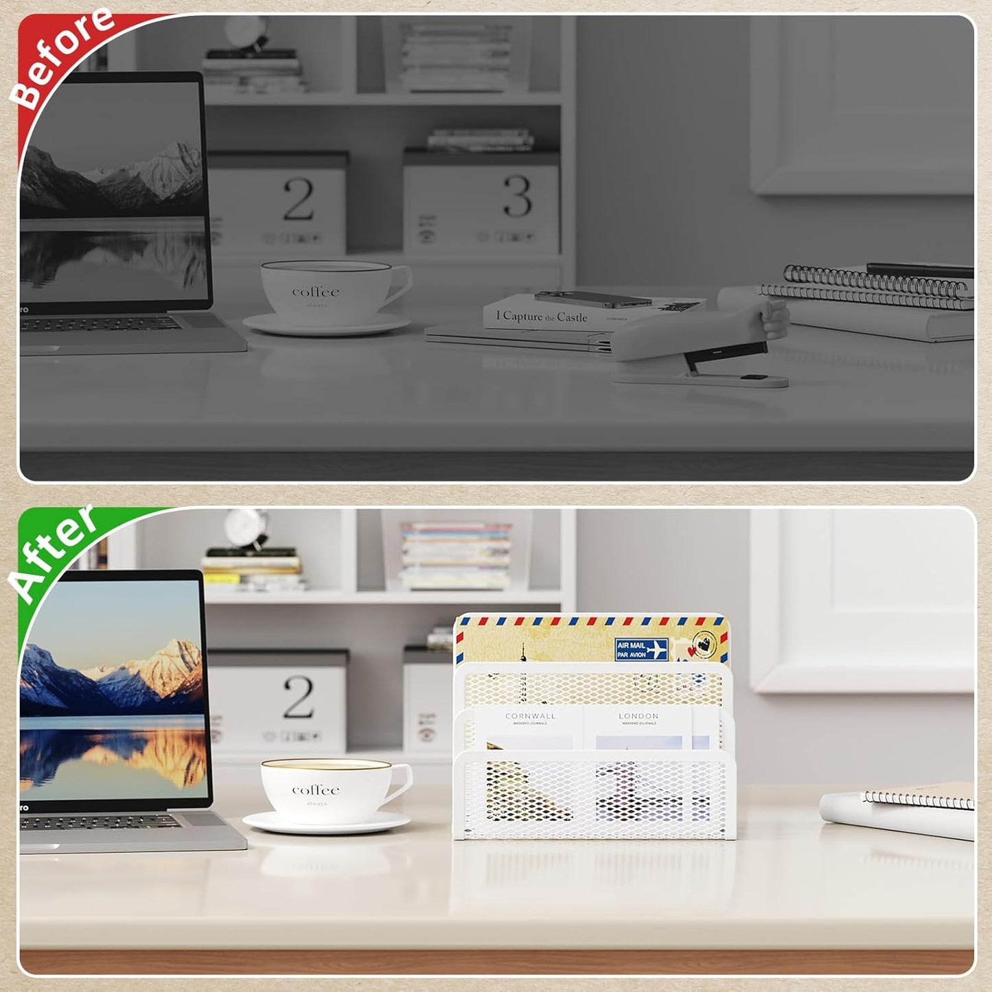 Marbrasse Mail Organizer for Desk, 3-Slot Mesh Metal Mail Holder countertop, Letter Holder, Office Desktop Envelope and Document Storage Rack (White)