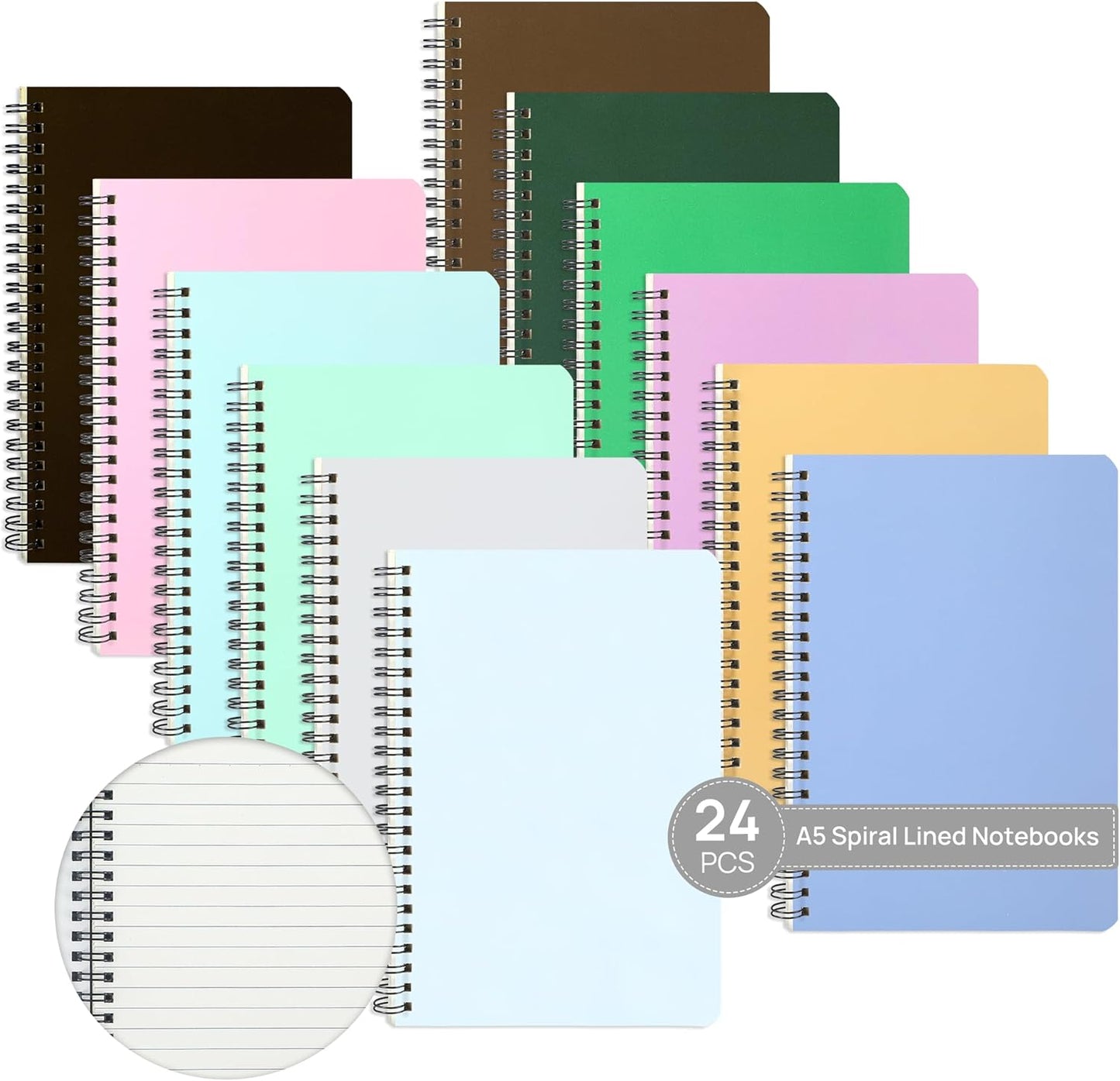 miikoul 24 Pack A5 Spiral Lined Notebooks, 8.3" X 5.5", 60 Sheets/120 Pages Wide Ruled Notebook Spiral Journals Bulk Paper Cover Notepad 12 Colors for Students Taking Class Notes Home Office Gift