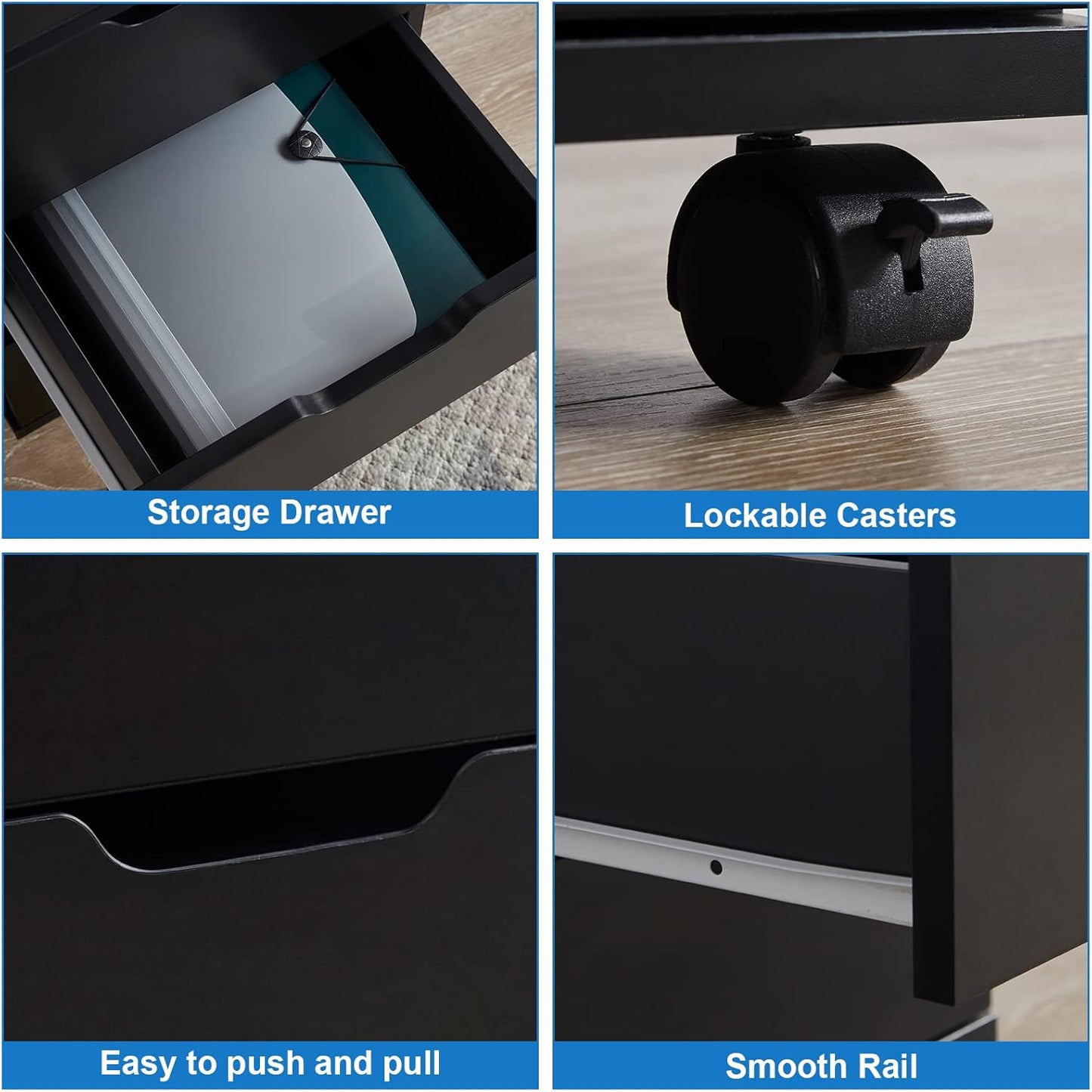 Farini 3-Drawer Vertical Filing Cabinet Rolling Wood Mobile File Cabinets Under Desk for Home Office with Casters (Black, Non-Assembled)