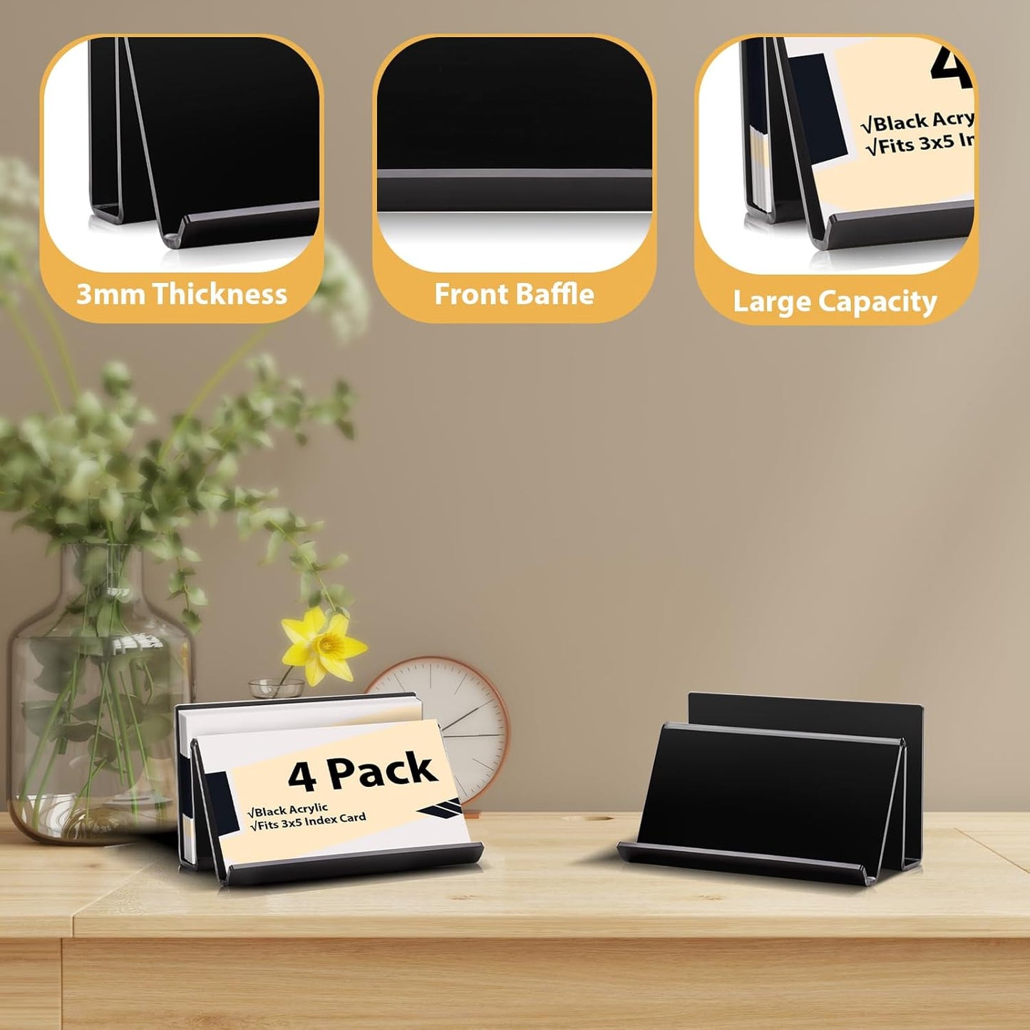 4 Pack 3x5 Index Card Display Holder Acrylic Cards Holder Stand Acrylic Business Card Holders Name Card Organizer Postcard Stand Display 200 Capacity for Studying Supplies No Card (Black, 4 Pack)
