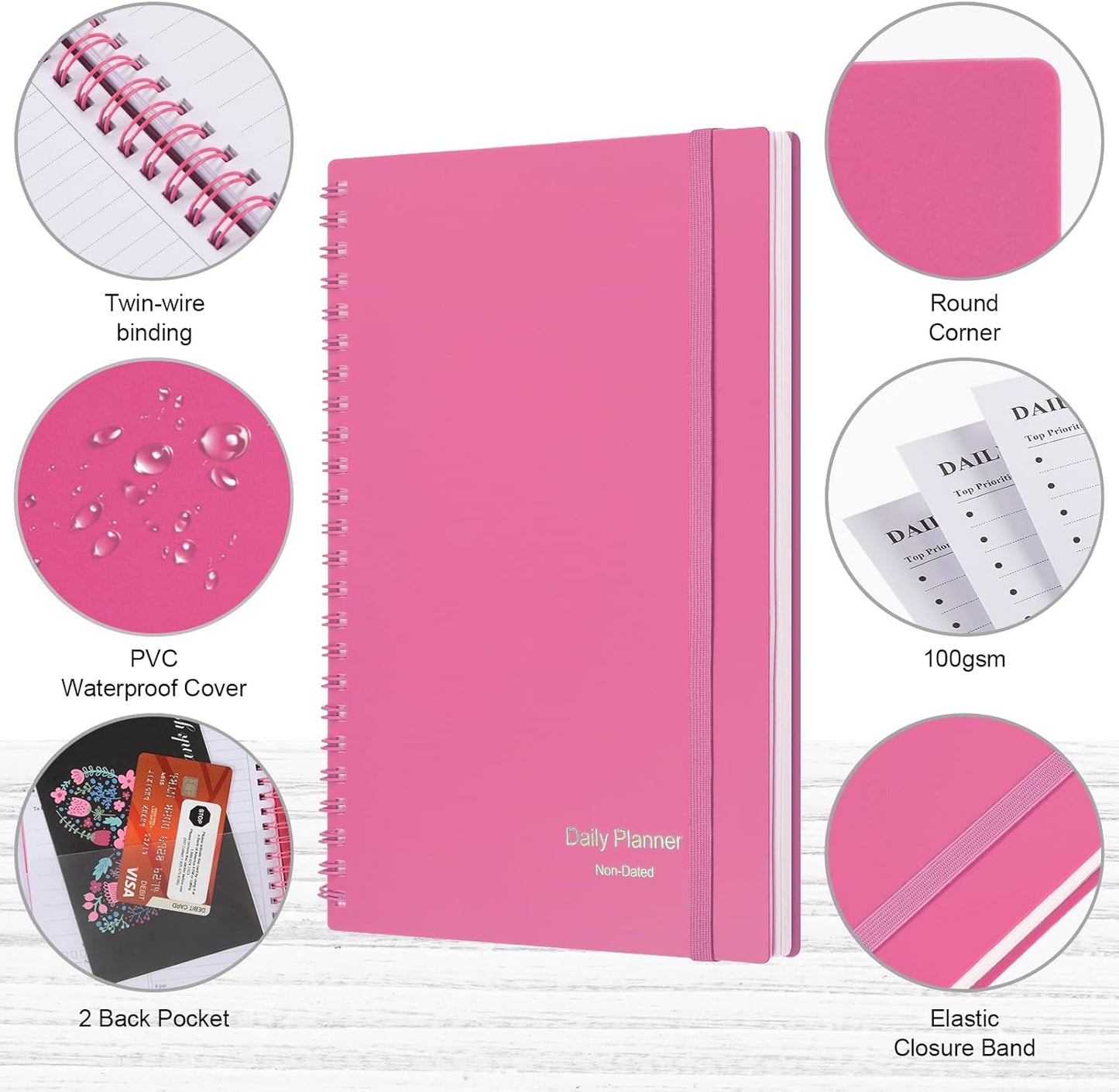 Daily Planner Undated, Asten To Do List Notebook Hourly Schedules Spiral Appointment Planner for Men and Women,PVC Hardcover,Elastic Closure, Inner Pocket 8.3" x 5.8" (Pink)
