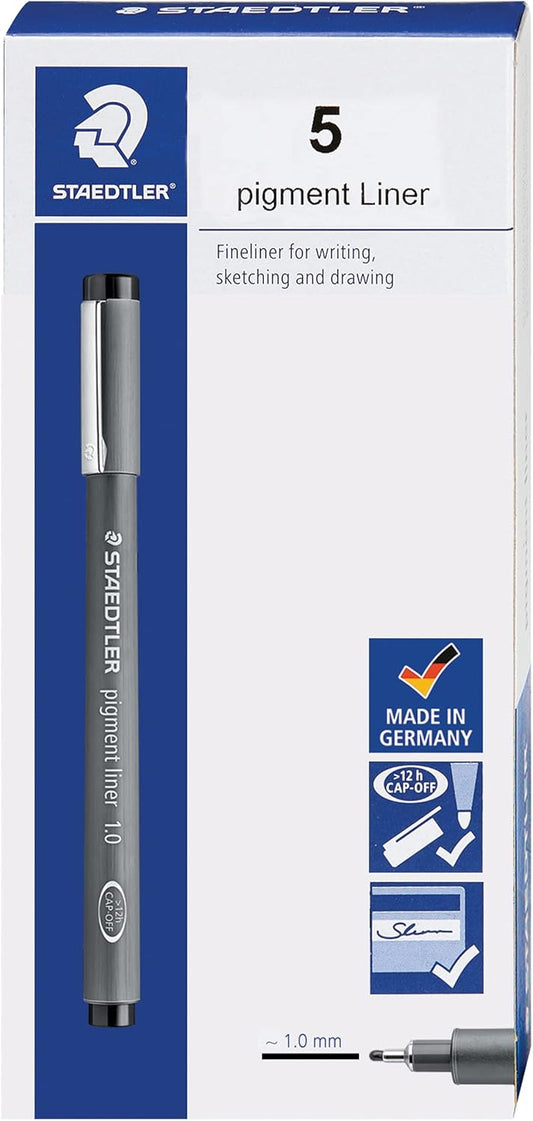 STAEDTLER Pigment Liner, Fineliner Pen for Drawing, Drafting, Journaling, 1.0mm, Black, Box of 5 Pens, 308 10-9