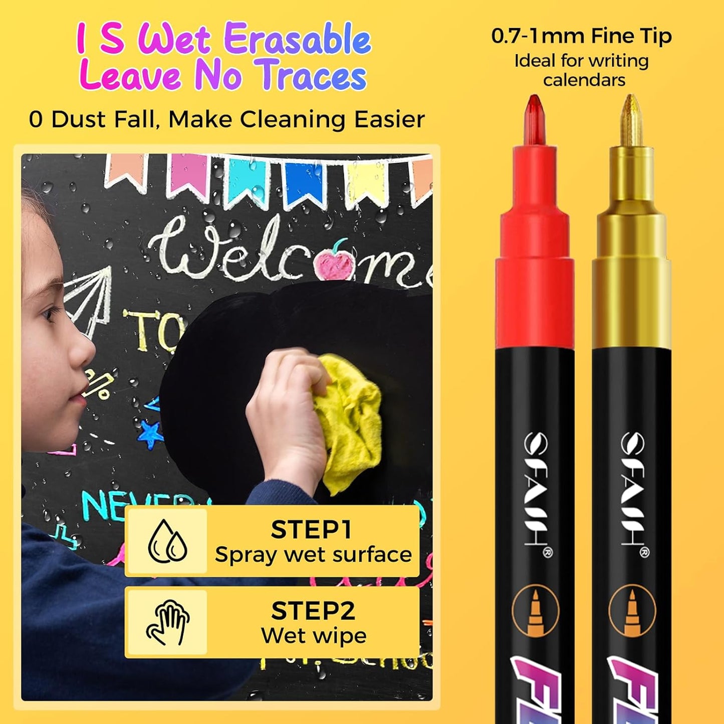 SFAIH Fine Tip Liquid Chalk Markers for Bhalkboard [1-Second Wet Wipe], 0.7-1mm 24 Colors [Neon+Pastel+Metallic], Chalk Pens for Chalkboard, Calendar, Windows, Glass, Includes Highlighter Color Marker