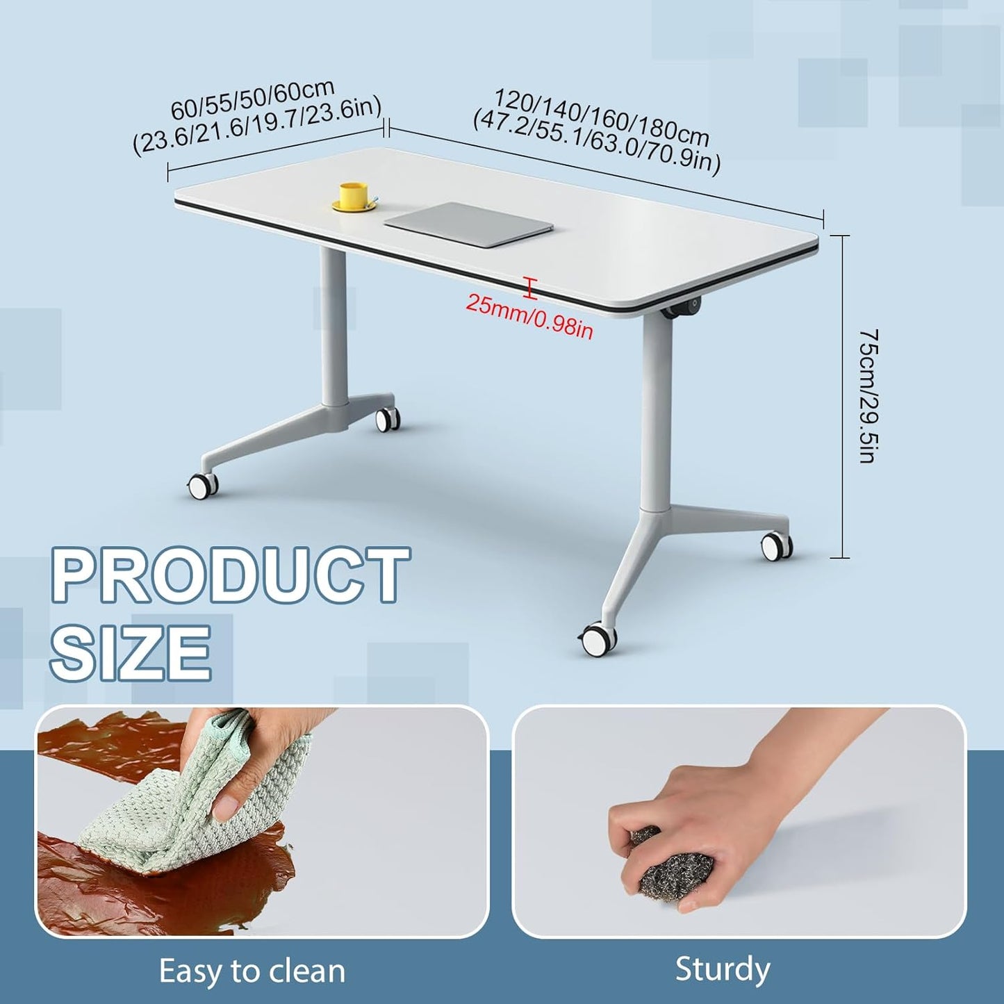 2Pack Folding Conference Room Table, Modern Conference Tables with Silent Wheels, Large Rectangular Mobile Training Tables for Office Classroom, Foldable Modular Seminar Table White (L55.1in)